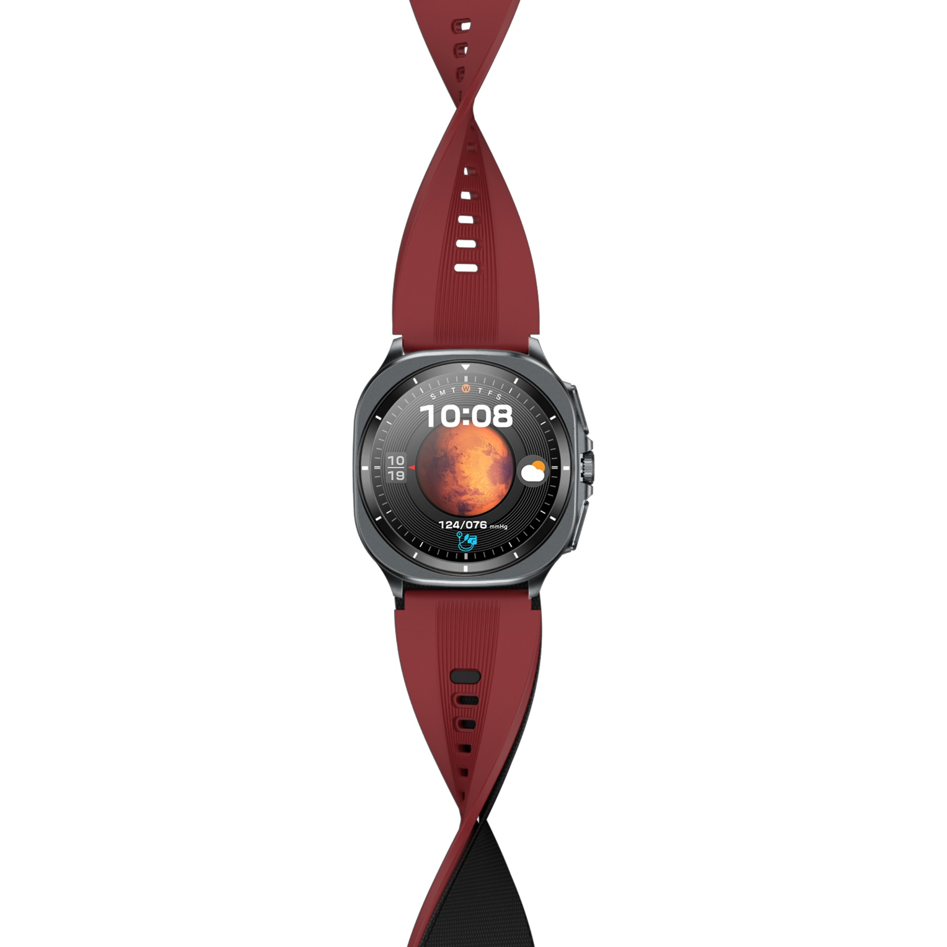 Wyświetlany jest smartwatch z czerwonym paskiem. Tarcza zegarka pokazuje godzinę 10:08 i ma wyświetlacz planetarny.