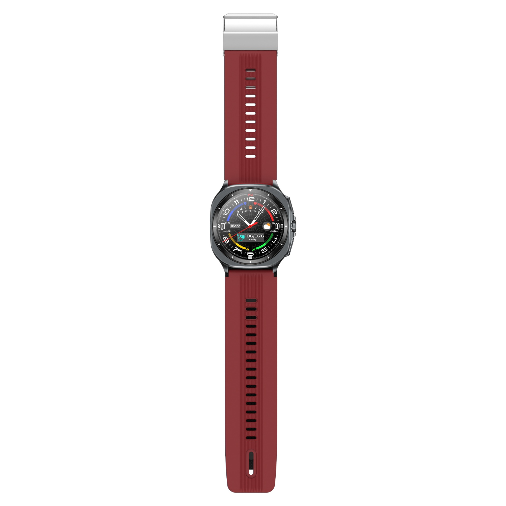 Smartwatch z ciemnoszarą tarczą i bordowym paskiem na białym tle. Ekran wyświetla dane.