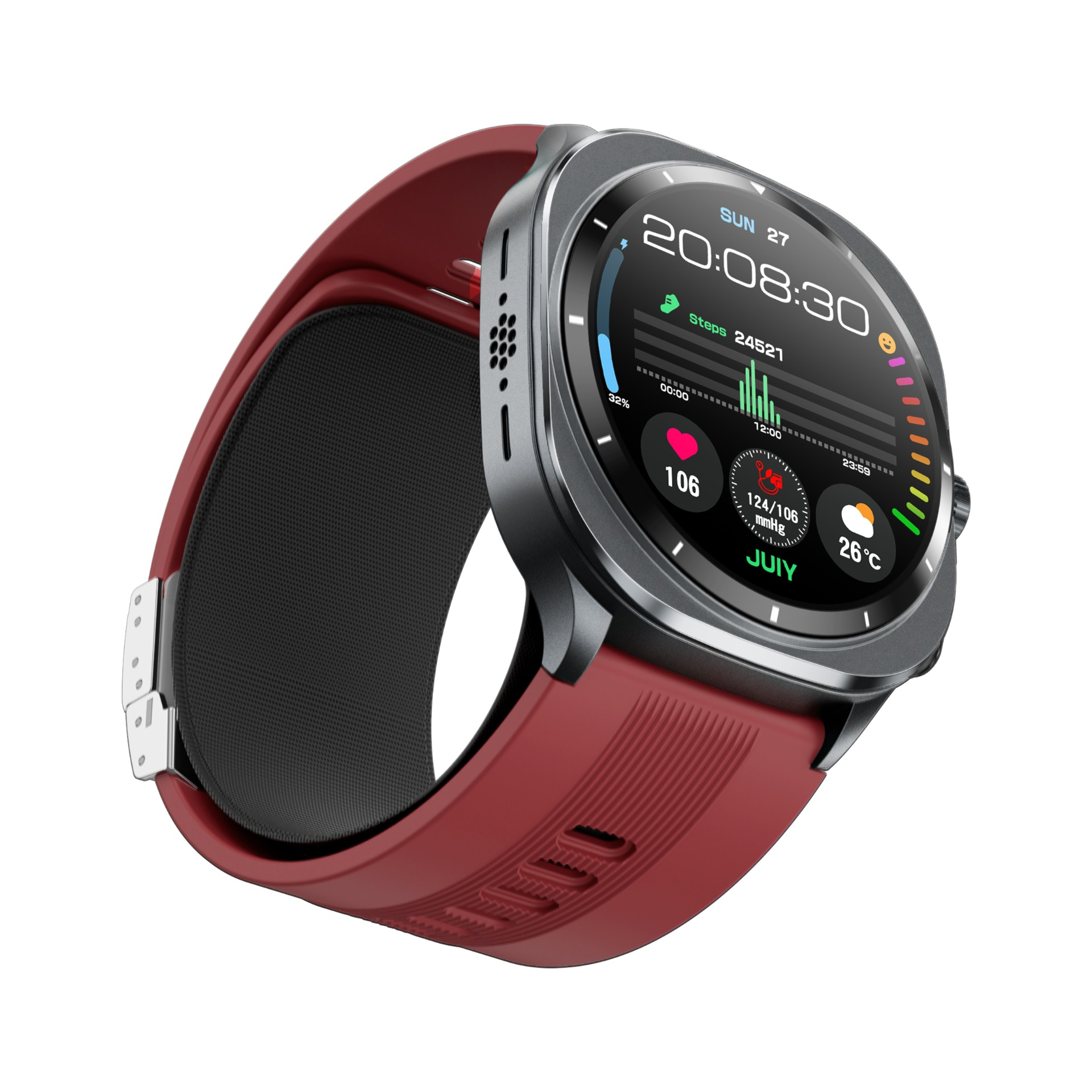 Smartwatch z czerwonym paskiem wyświetla czas, kroki, tętno i temperaturę. Ekran jest czarny z białym tekstem.