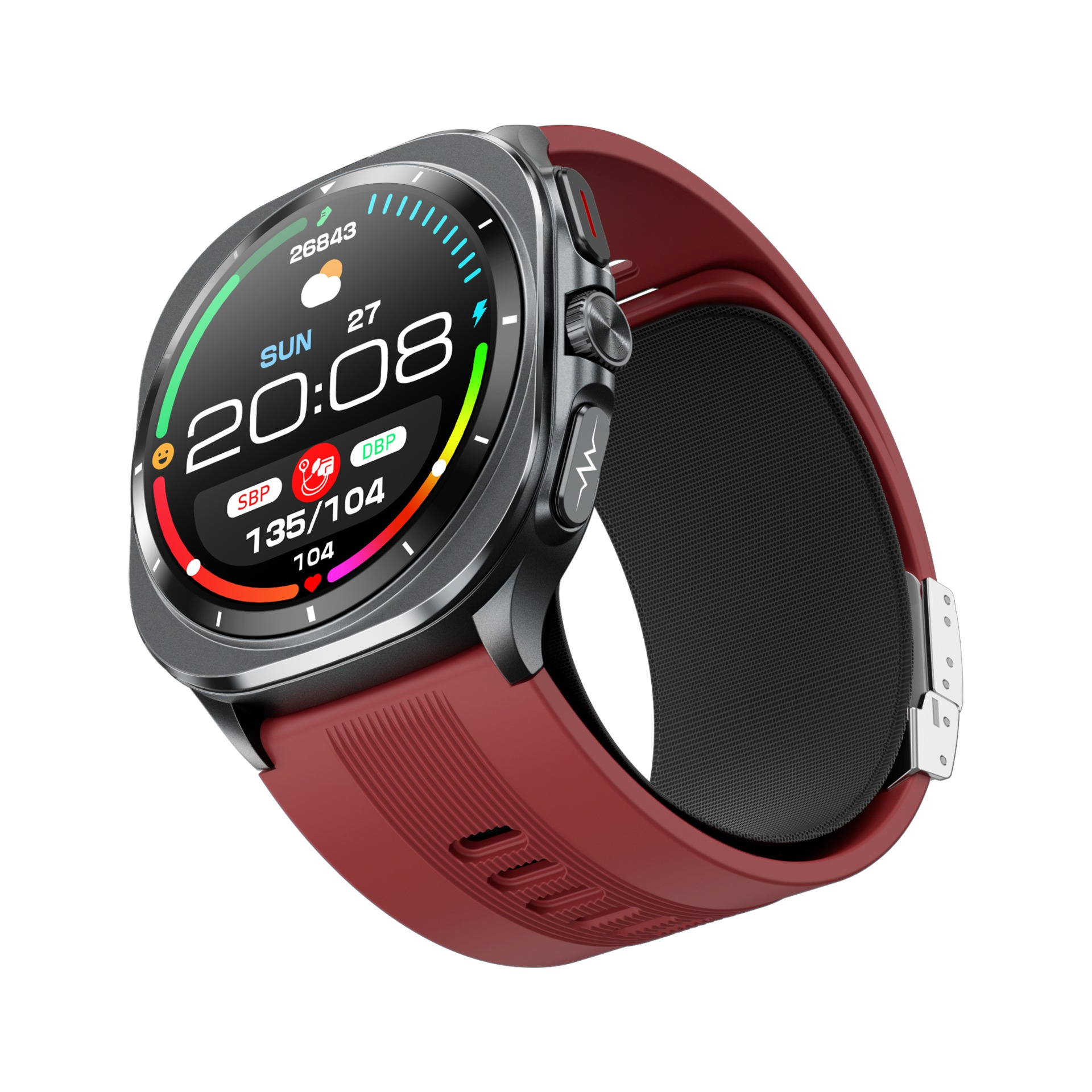 Smartwatch z czarnym ekranem wyświetlającym czas i dane zdrowotne. Ma czerwony pasek, czarny korpus i srebrne akcenty.