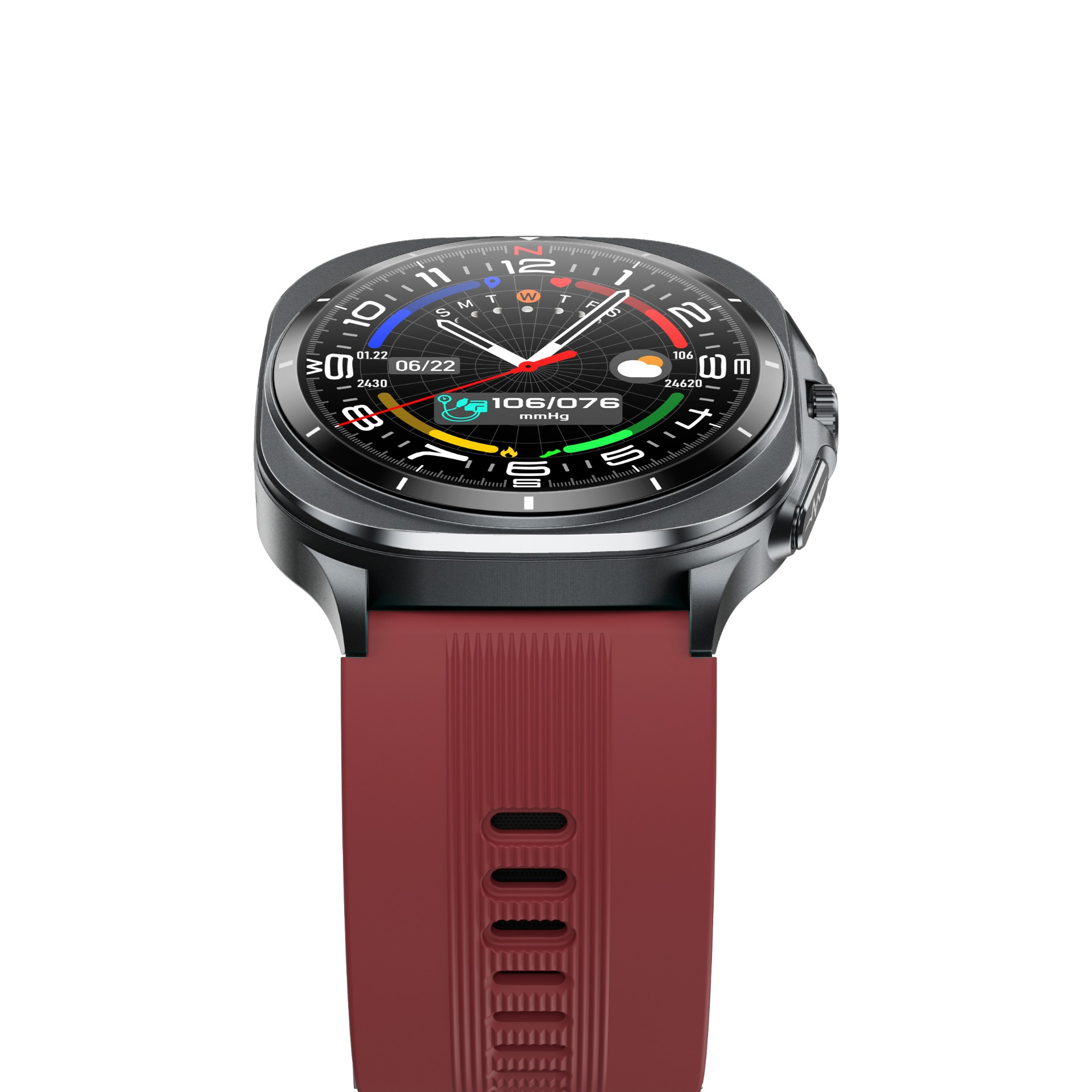 Smartwatch z ciemnoszarą obudową i bordowym paskiem. Tarcza wyświetla czas, datę i dane zdrowotne.