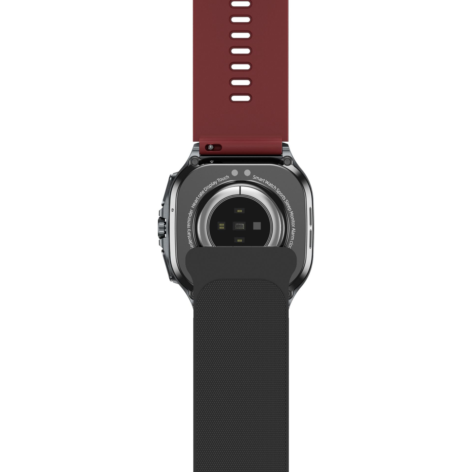 Smartwatch z czarną obudową i bordowym paskiem. Zegarek jest na białym tle.
