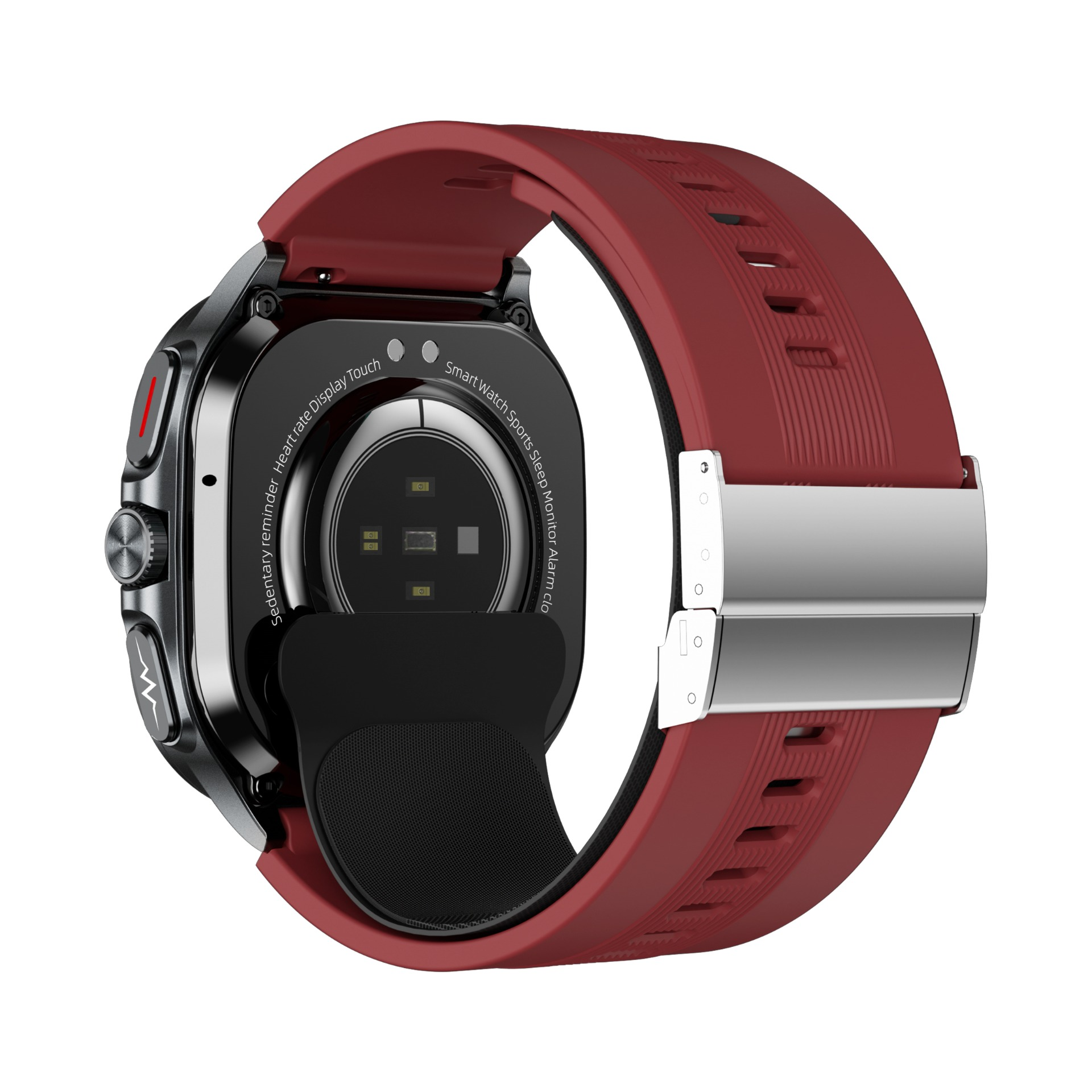 Smartwatch z bordowym paskiem. Czarna tarcza z tekstem, pasek przymocowany do zegarka.