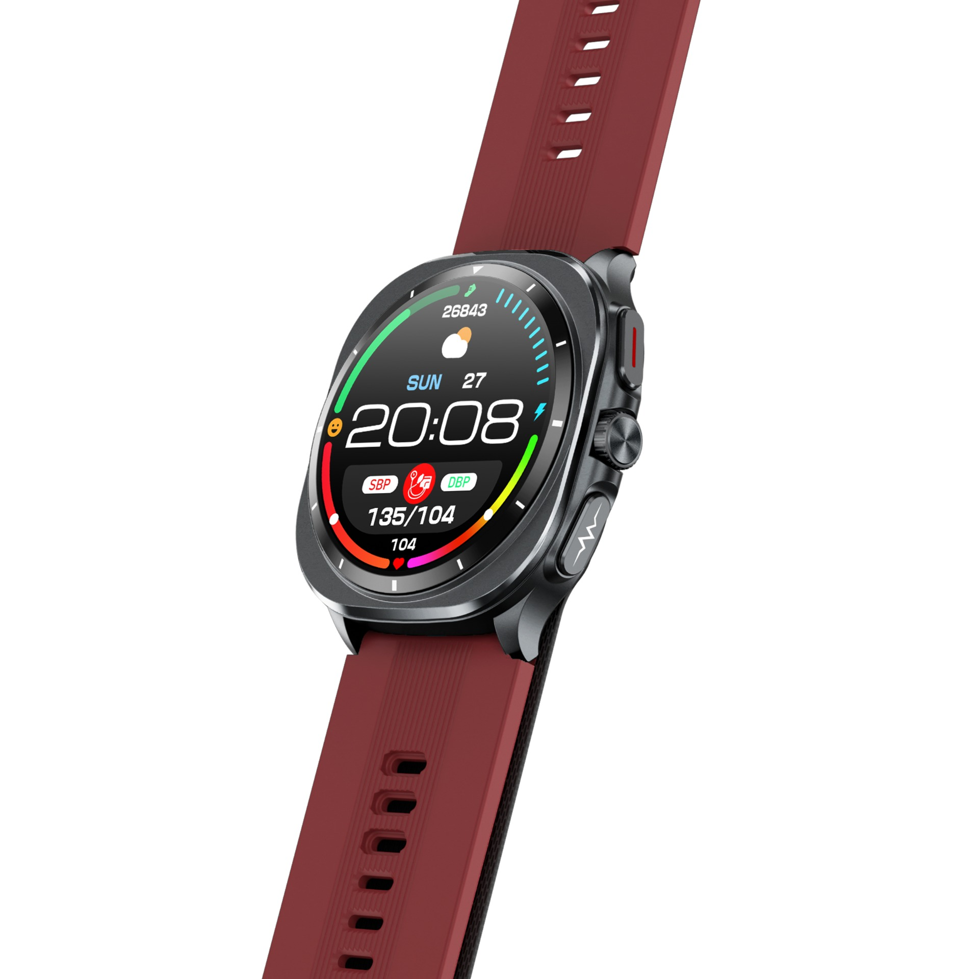 Smartwatch z czerwonym paskiem. Tarcza wyświetla czas, datę i dane zdrowotne, takie jak ciśnienie krwi i tętno.