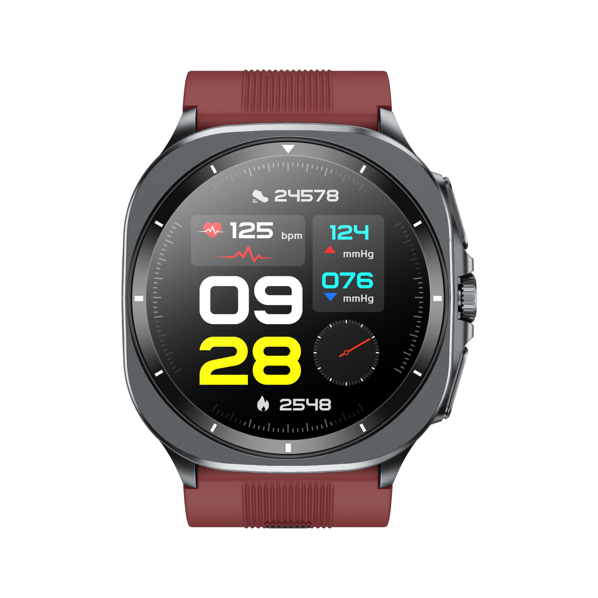 Smartwatch wyświetlający dane zdrowotne: tętno (125 bpm), ciśnienie krwi (124/076 mmHg), kroki (24578) i data (09/28).