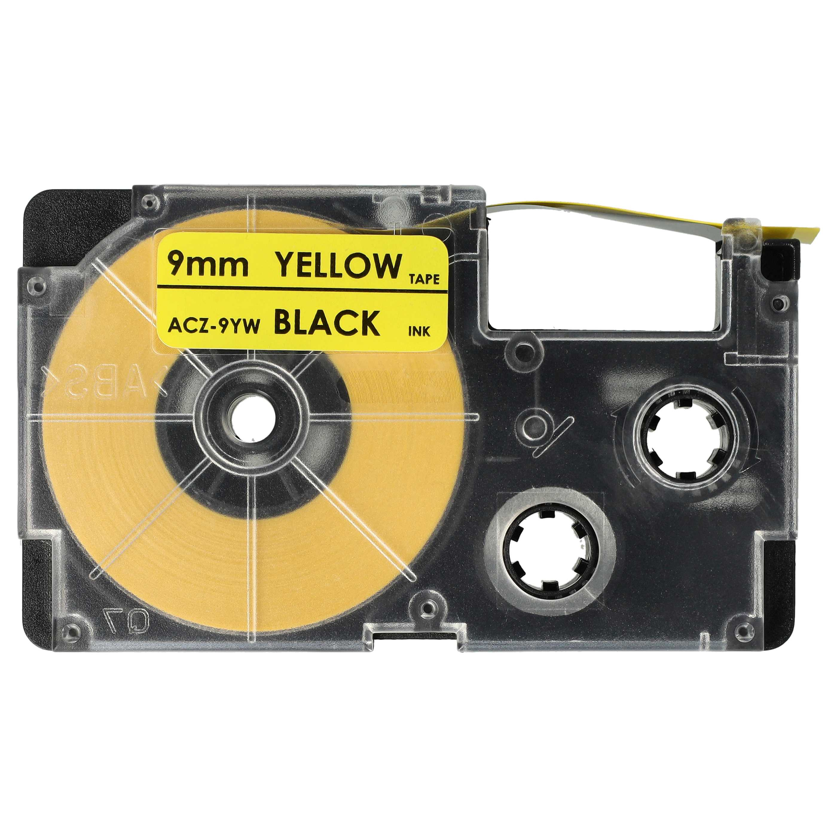 Etikettendruckerpatrone. Gelbes Band mit schwarzer Tinte, transparentes Kunststoffgehäuse. Text: '9mm YELLOW TAPE ACZ-9YW BLACK INK'.