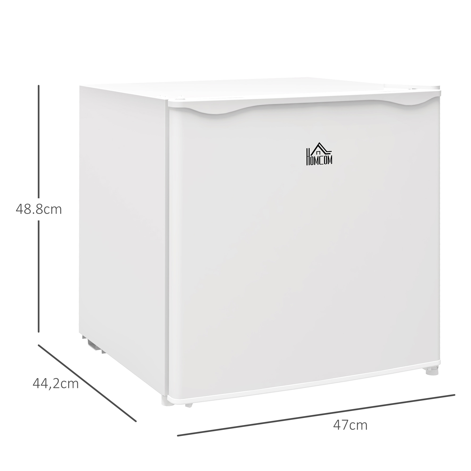 Un mini-frigorífico blanco con el logo de HomCom. Dimensiones: 48,8 cm alto, 44,2 cm ancho y 47 cm fondo.
