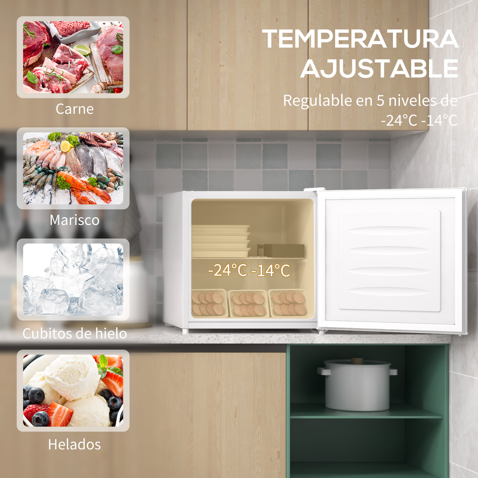 Un pequeño refrigerador blanco con la puerta abierta que muestra alimentos, con imágenes de carne, mariscos, cubitos de hielo y helado.