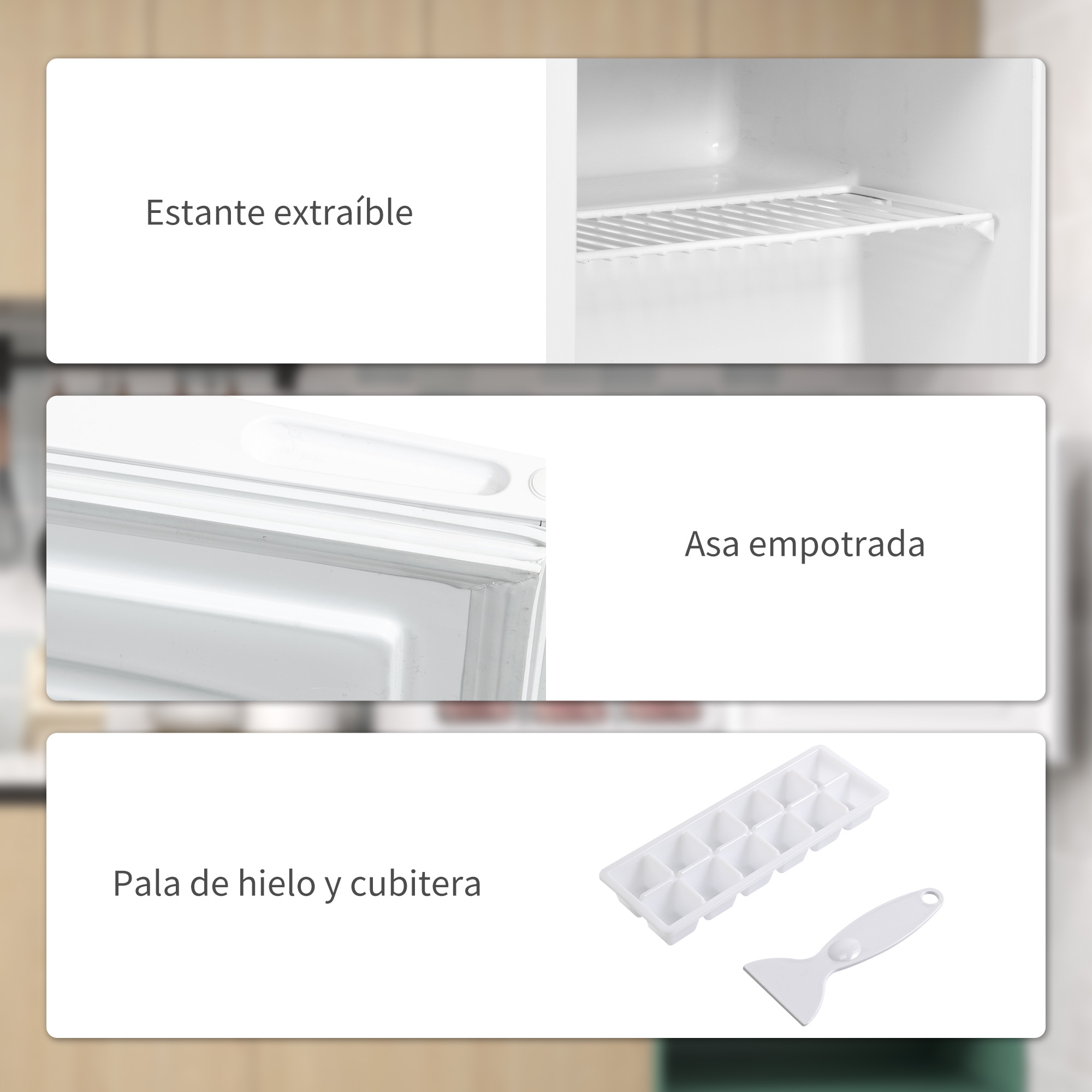 La imagen muestra partes de un refrigerador: estante, manija, cubitera y raspador.