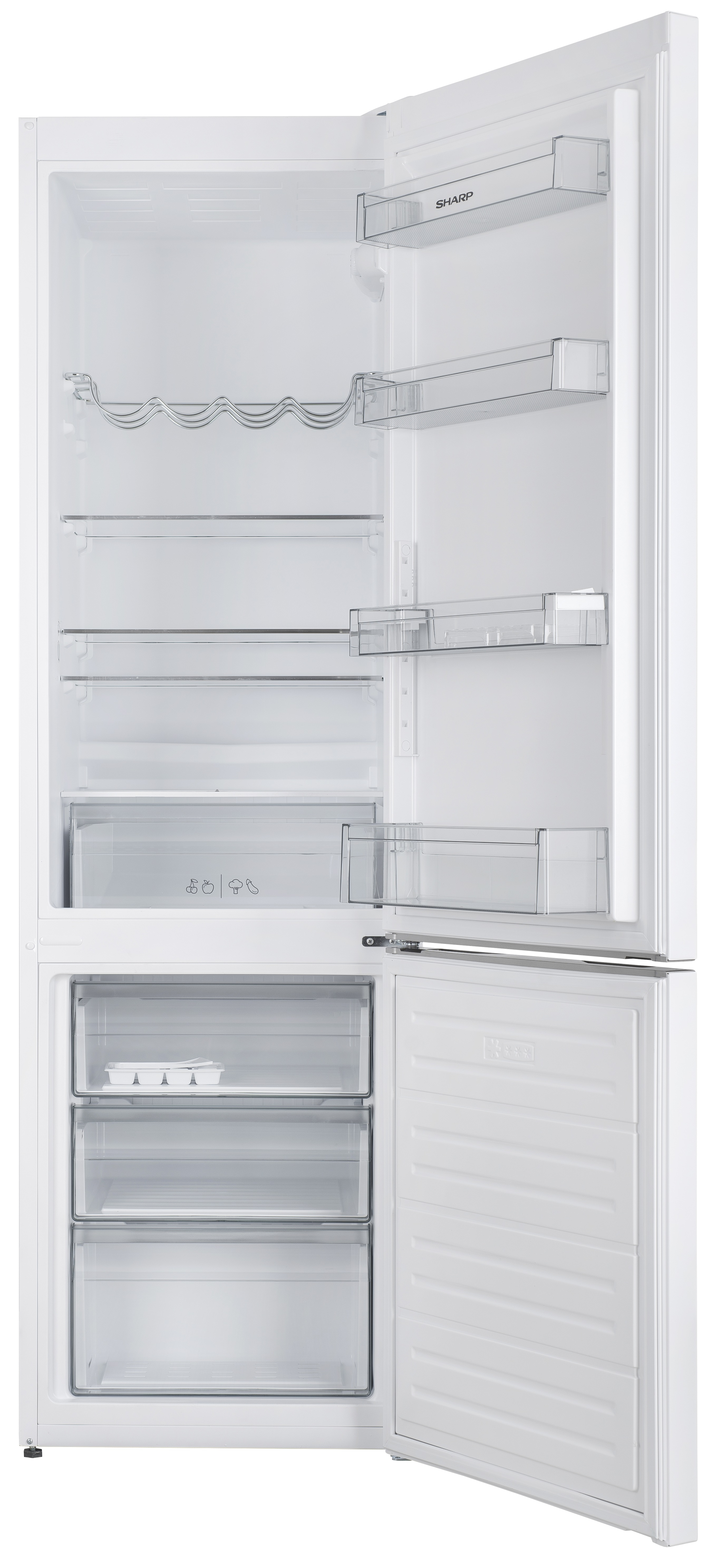 Un frigorifero bianco con la porta aperta. All'interno, sono visibili diversi ripiani, cassetti e un portabottiglie. È aperta anche una sezione congelatore.