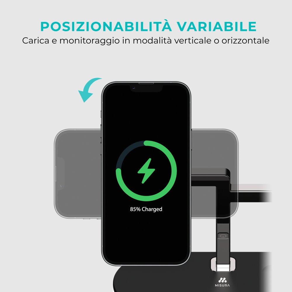 Smartphone in carica su un supporto. Lo schermo mostra l'85% di carica. Il testo sopra recita: Posizionabilità variabile. Design bianco e nero.