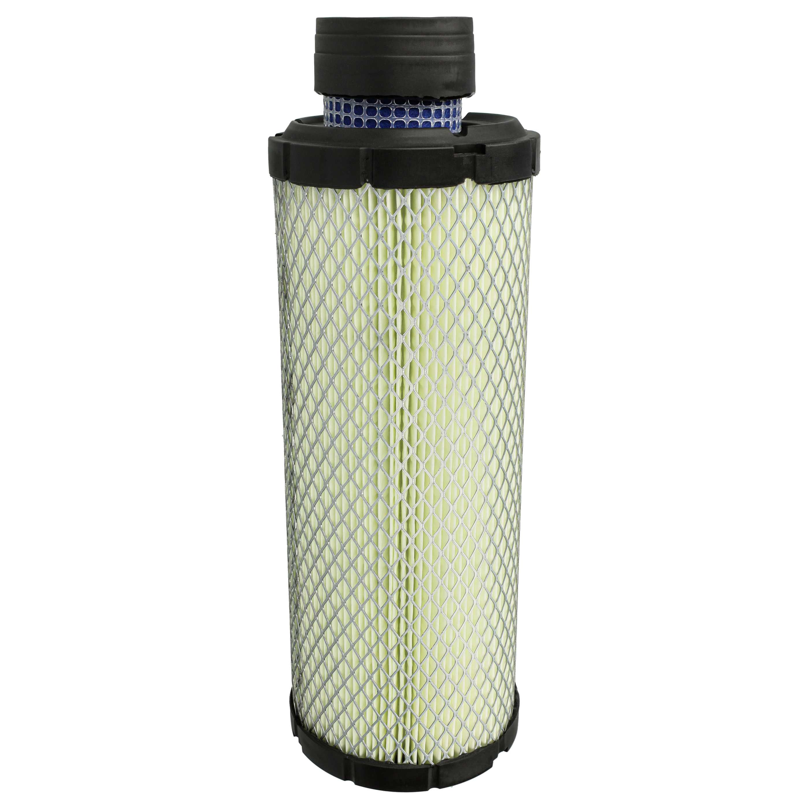 Luftfilter mit schwarzer Ober- und Unterseite. Es hat eine zylindrische Form. Der Filter hat ein Metallgitter über dem Filterpapier.
