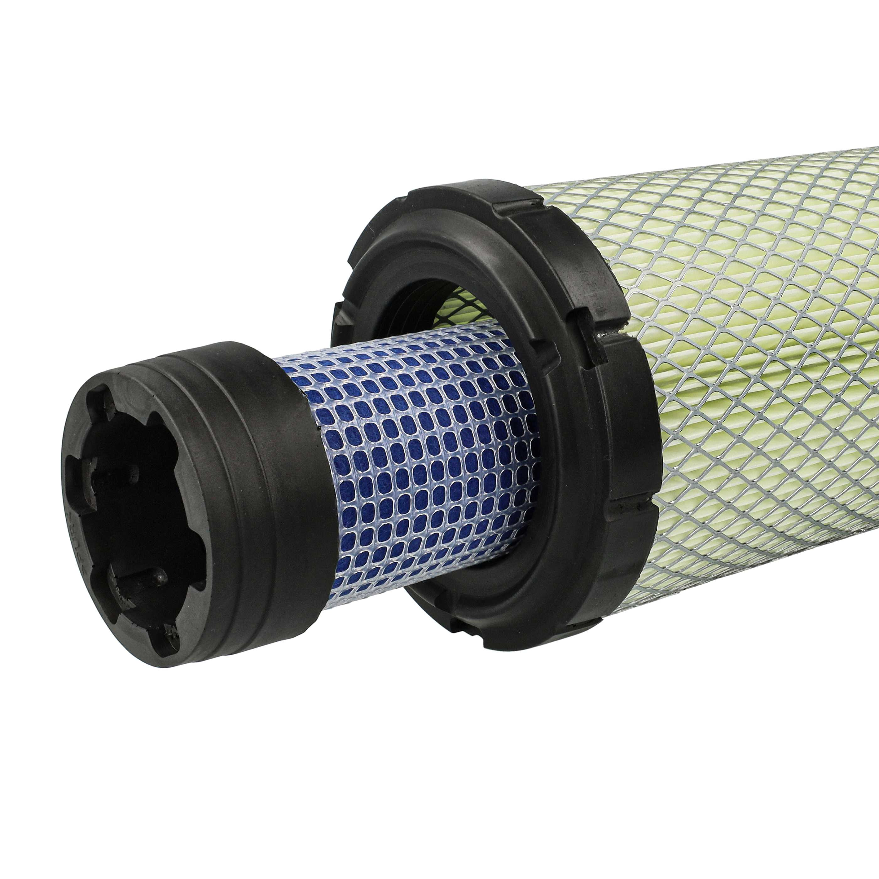 Ein zylindrischer Luftfilter. Er hat eine schwarze Endkappe, einen blauen Netzfilter und eine gelbe Netzaußenschicht.
