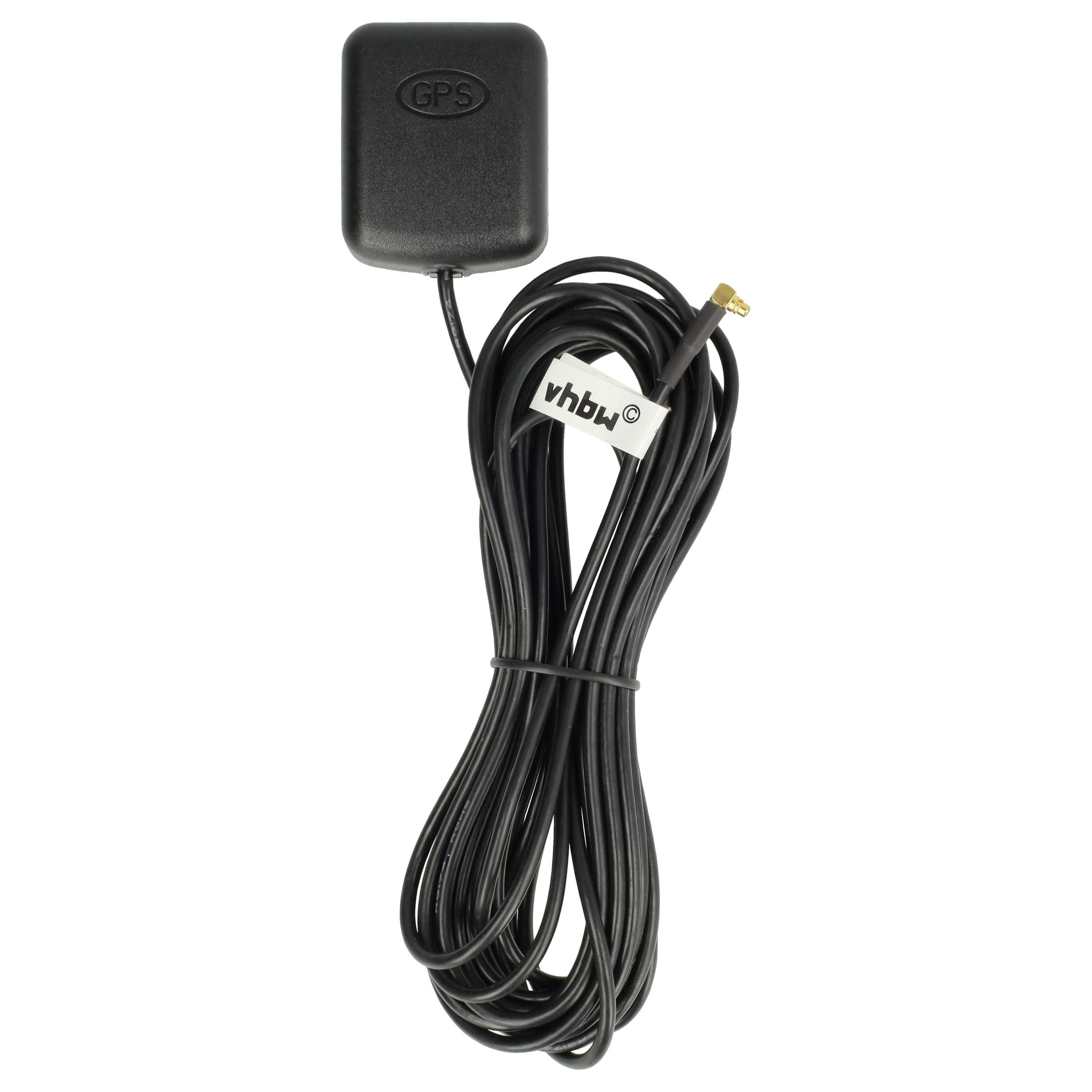 Eine schwarze GPS-Antenne mit schwarzem Kabel. Ein weißes Etikett mit dem Text vhbw. Der Hintergrund ist weiß.