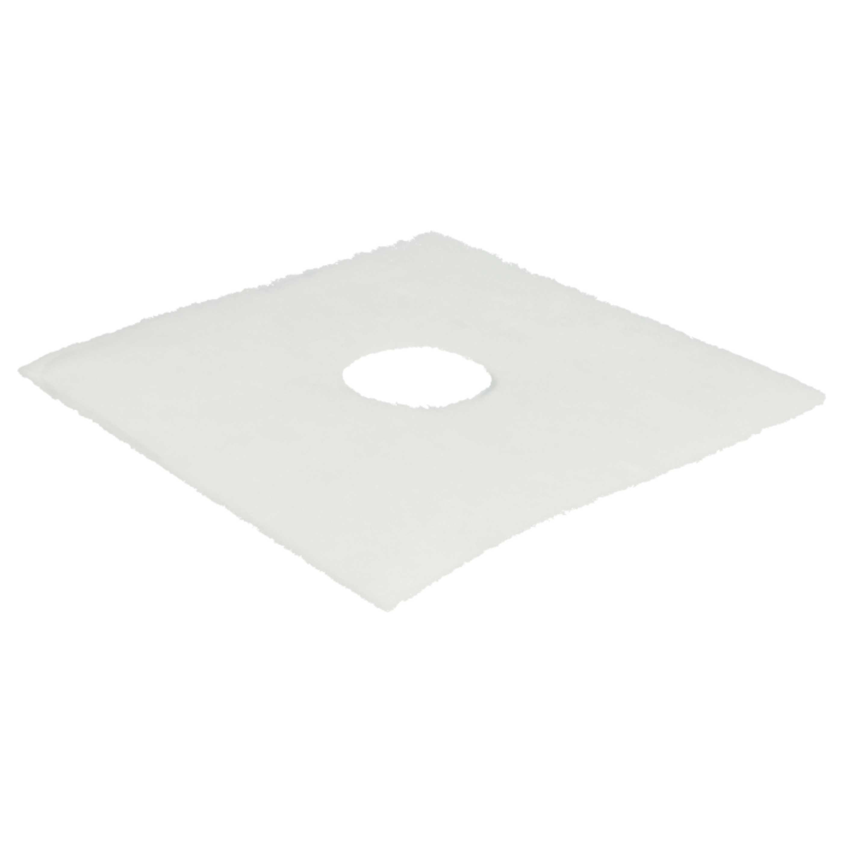 Ein weißer, quadratischer Filter mit einem kreisförmigen Loch in der Mitte. Die Kanten sind leicht rau. Der Hintergrund ist weiß.