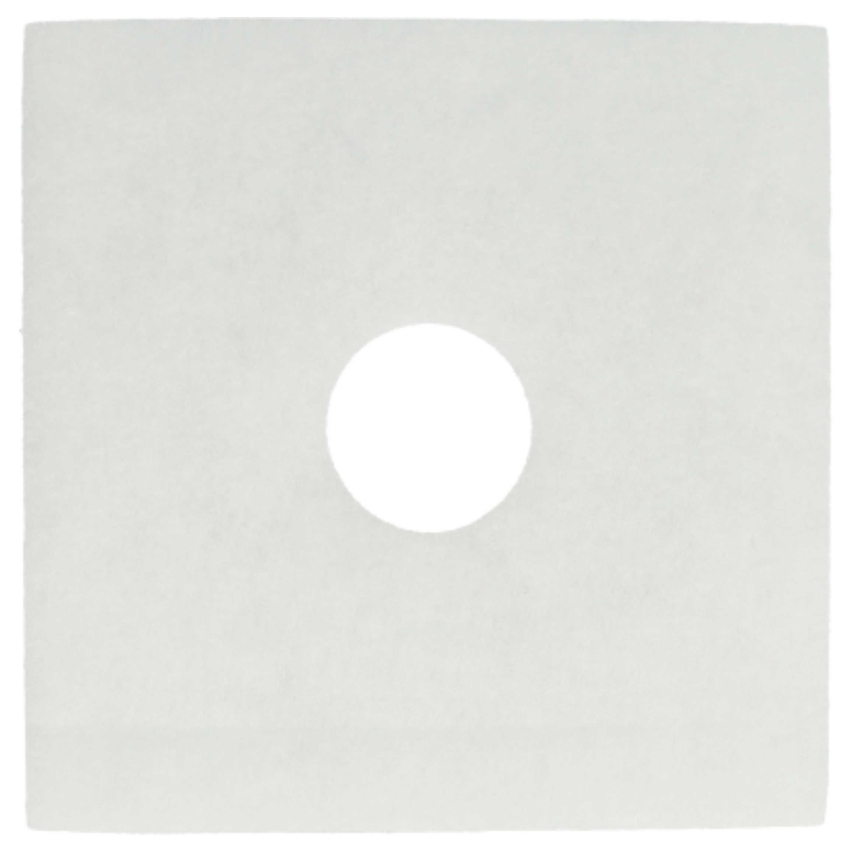 Ein weißes, quadratisches Filterpapier mit einem kreisförmigen Loch in der Mitte. Das Papier ist leicht strukturiert.