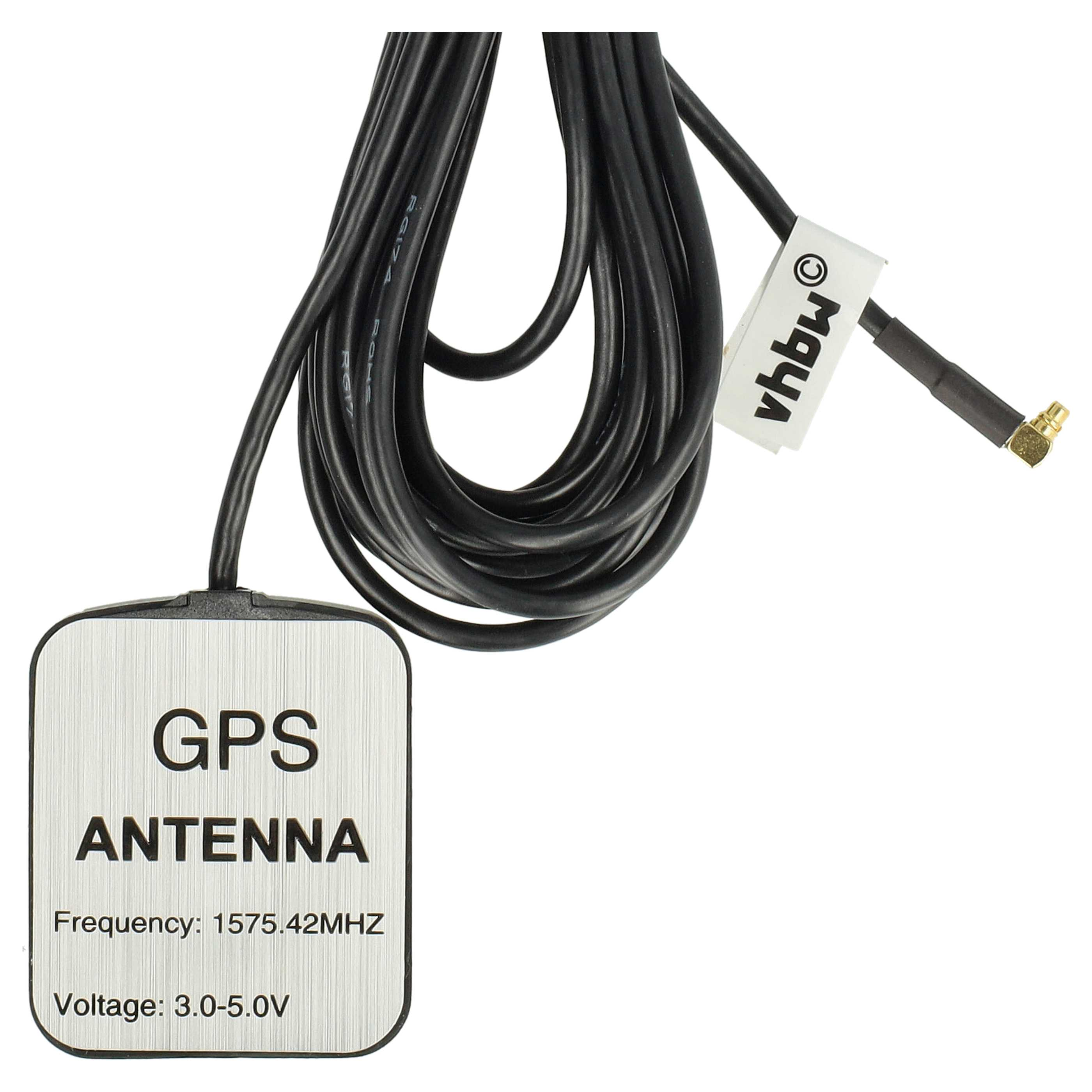 Eine GPS-Antenne mit schwarzem Kabel. Die Antenne ist silberfarben mit dem Text 'GPS ANTENNA'. Spezifikationen sind unten aufgeführt.