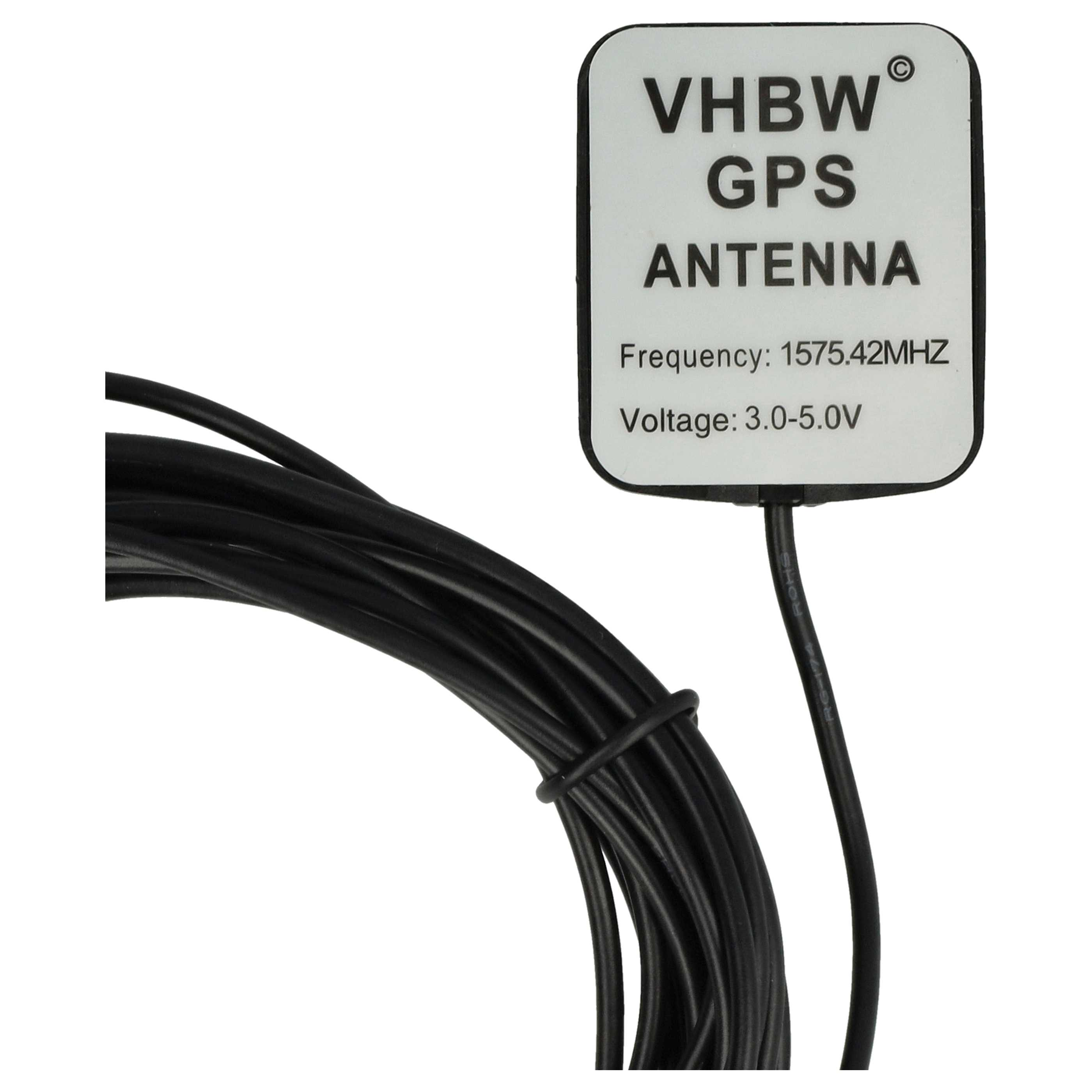 GPS-Antenne mit schwarzem Kabel. Die Antenne ist weiß mit schwarzem Text: VHBW GPS ANTENNA. Frequenz: 1575,42 MHz. Spannung: 3,0-5,0 V.