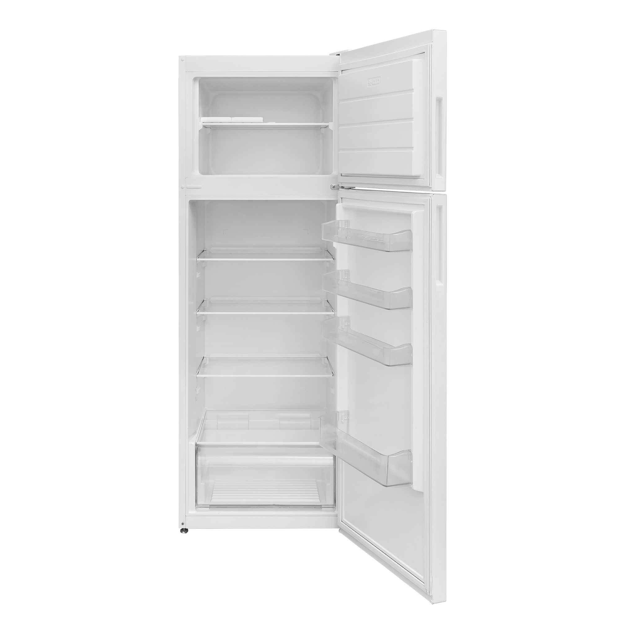 Un refrigerador blanco con la puerta abierta. Se ven estantes adentro. La puerta del congelador también está abierta. El interior está vacío.