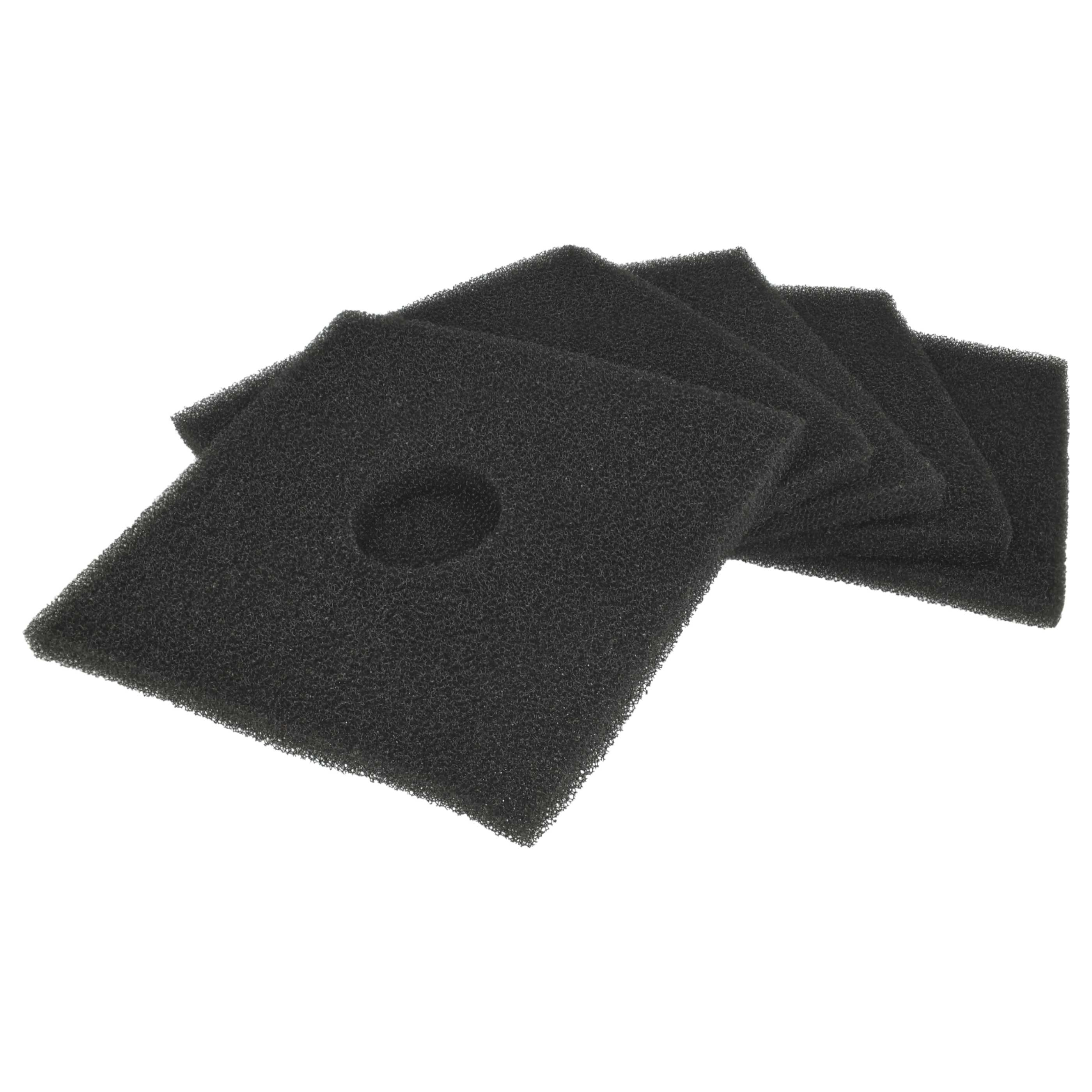 Mehrere schwarze Schaumstofffilter mit einem Loch in der Mitte, angeordnet auf weißem Hintergrund.