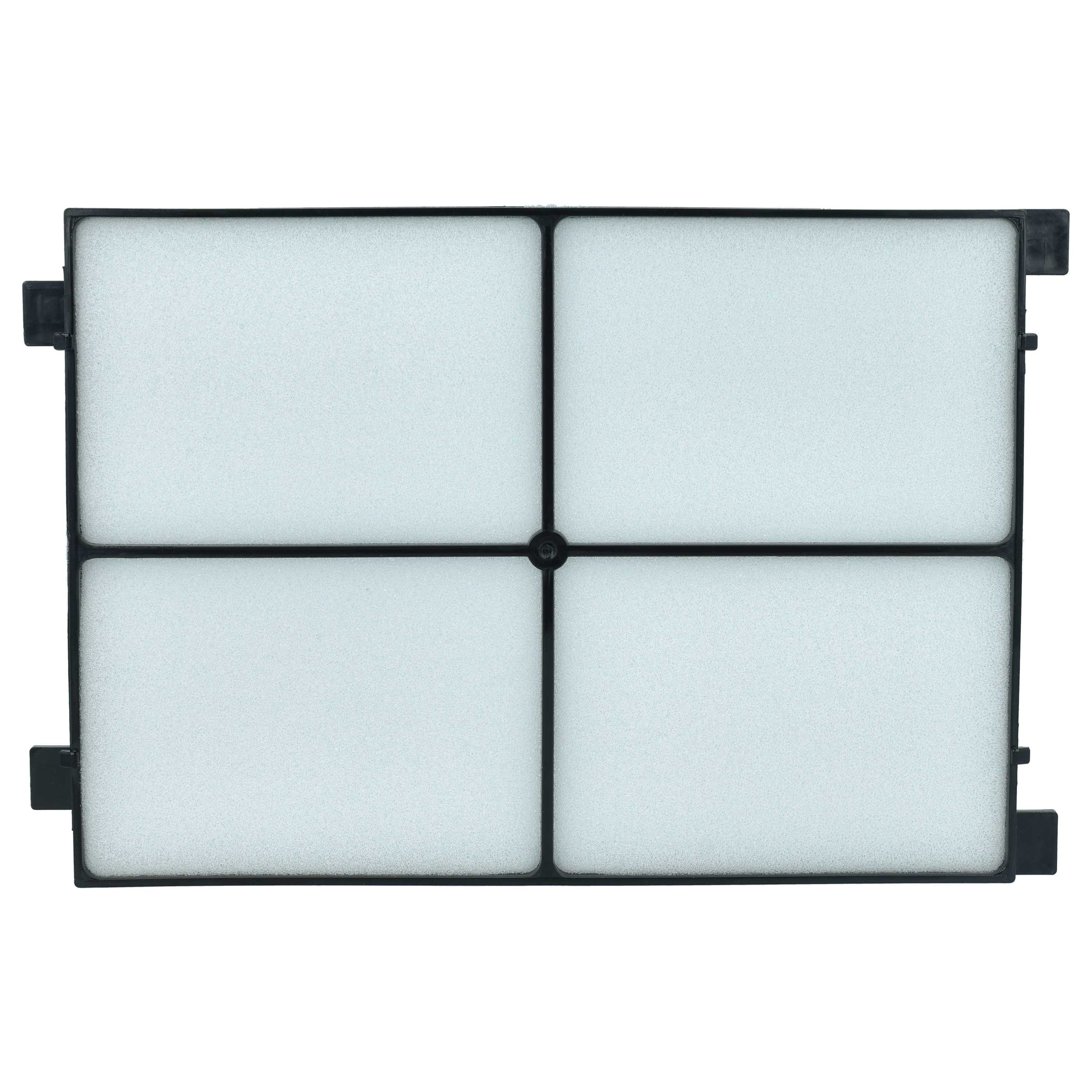 Ein rechteckiger Luftfilter mit vier Schaumstoffquadraten und einem schwarzen Rahmen. Der Filter hat schwarze Kunststoffverbinder.