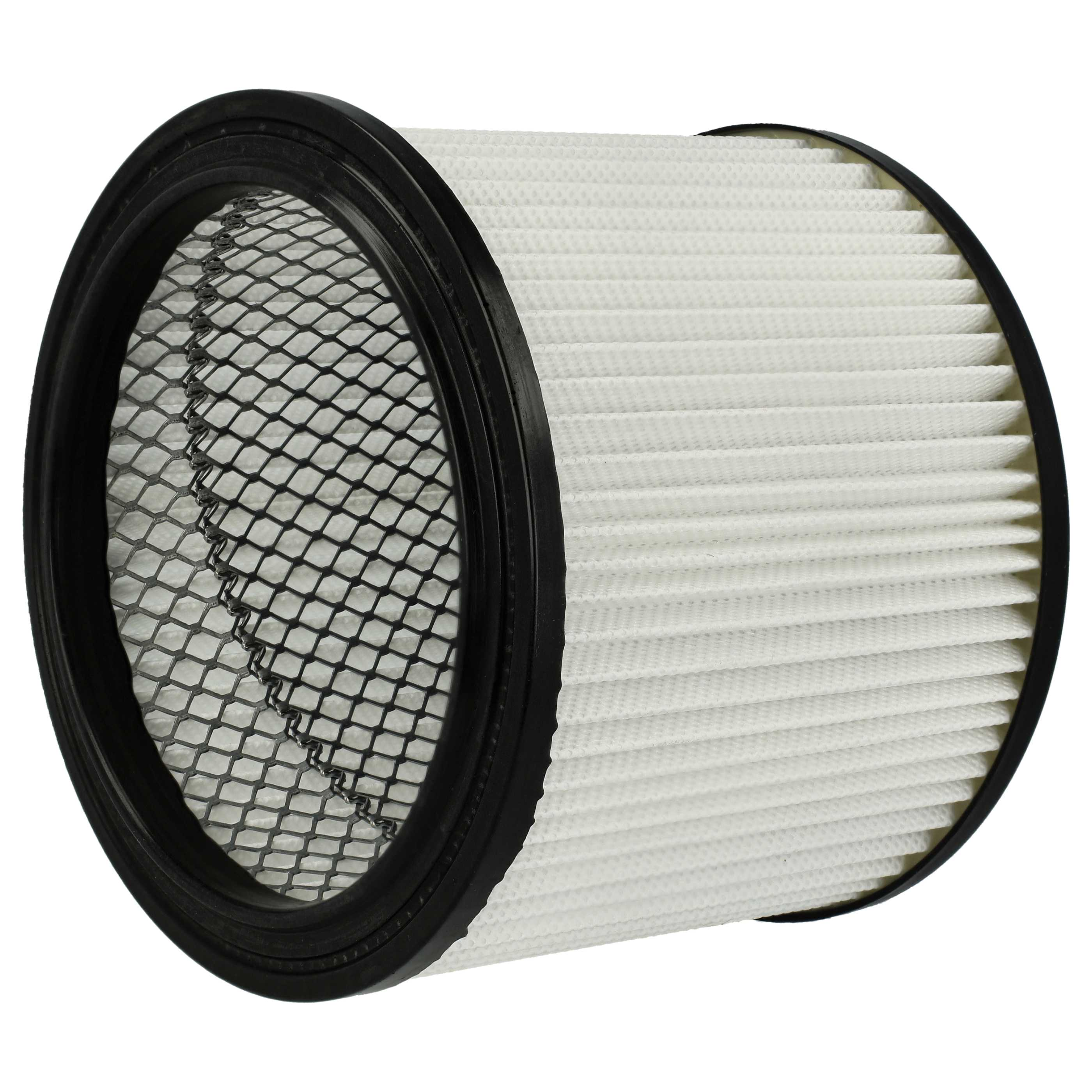 Ein zylindrischer Luftfilter mit weißem, plissiertem Papier und schwarzen Rändern sowie einem schwarzen Netz.