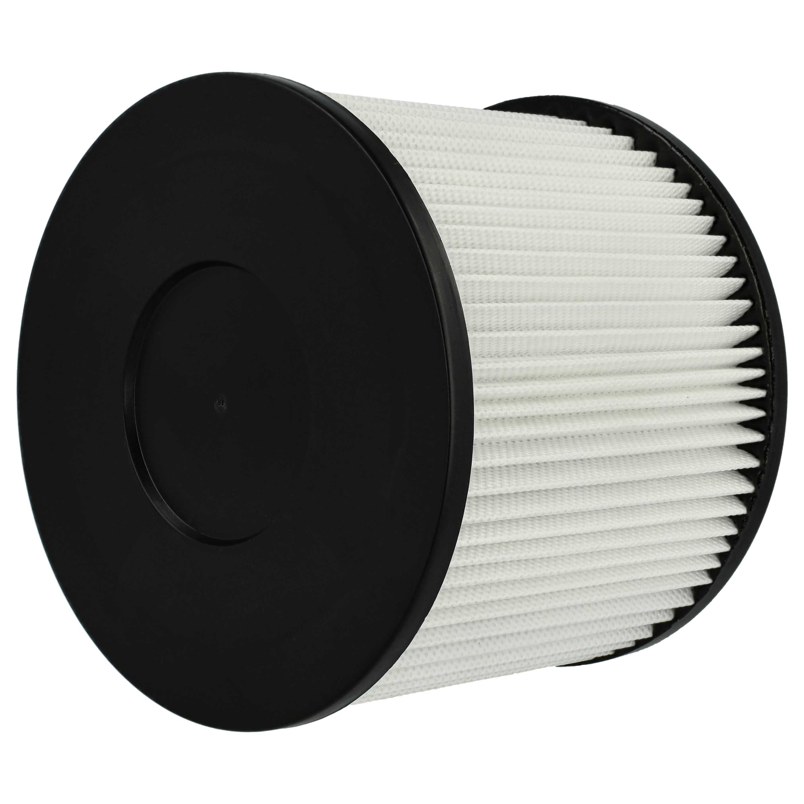 Zylindrischer Luftfilter mit schwarzer Ober- und Unterseite und weißem, gefaltetem Filterpapier dazwischen, isoliert auf Weiß.