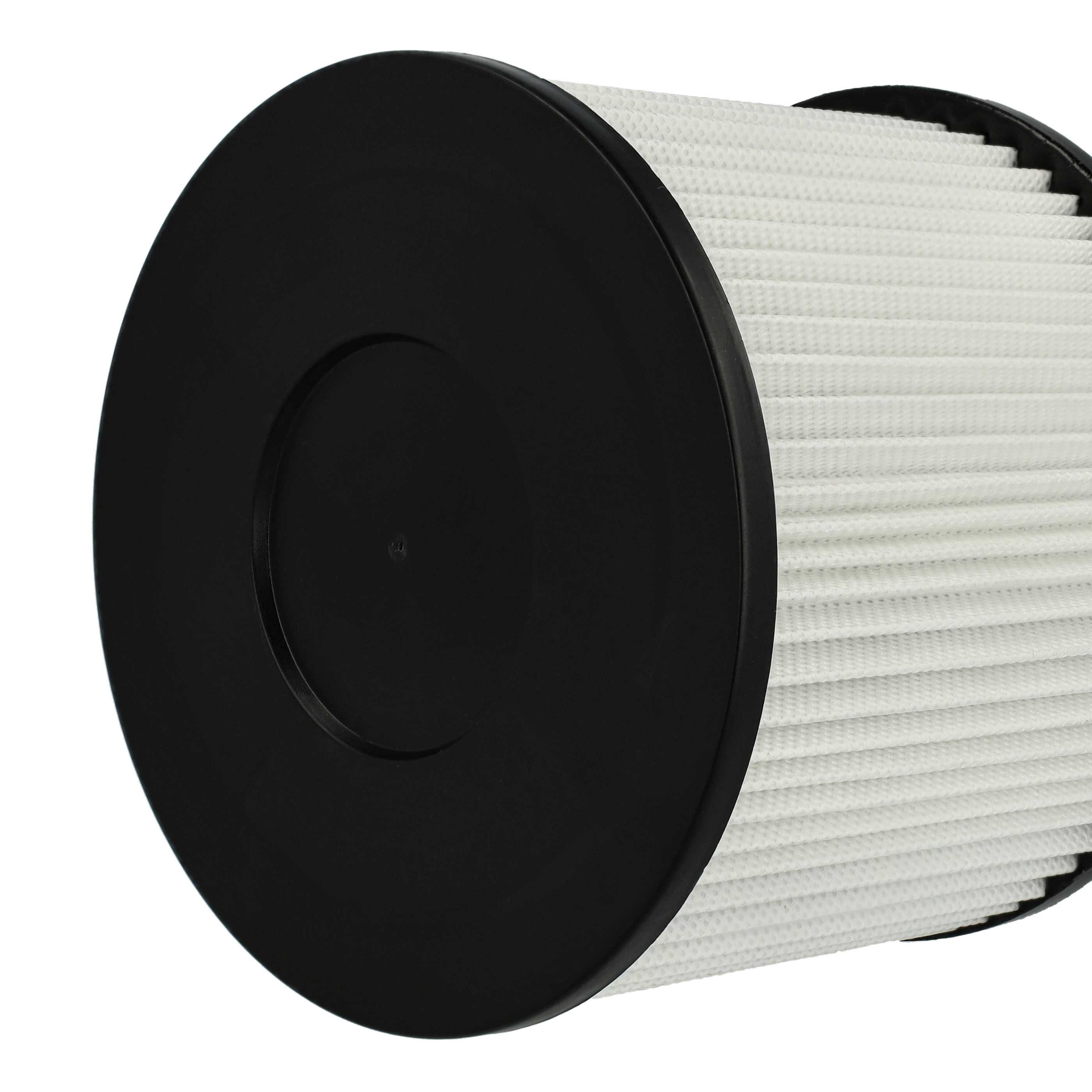 Ein zylindrischer Luftfilter. Er hat eine schwarze Kappe und einen weißen, strukturierten Filterkörper. Der Hintergrund ist weiß.