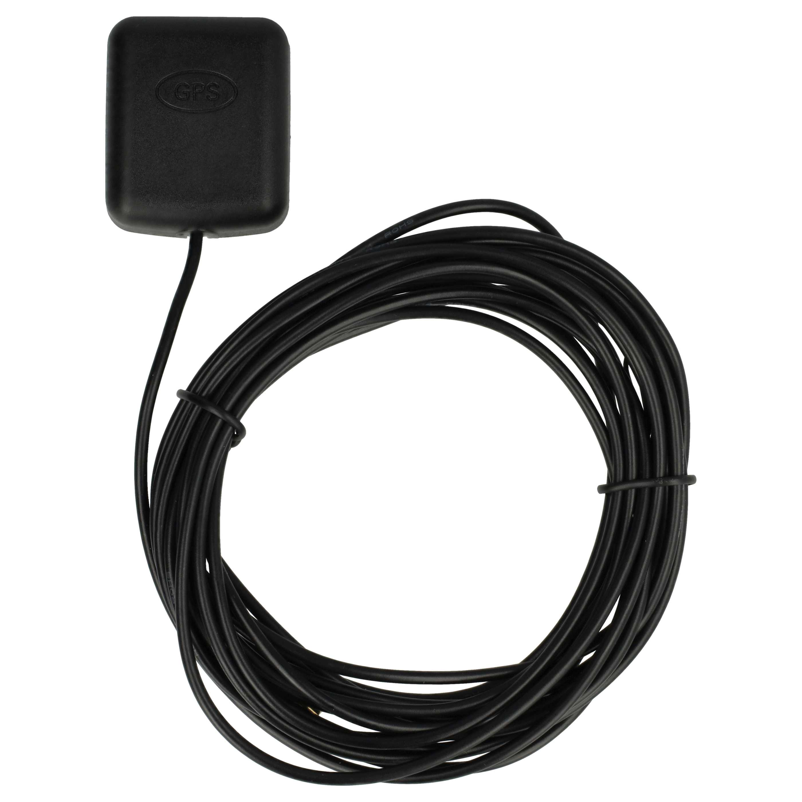 Ein schwarzer GPS-Empfänger mit einem kreisförmig aufgerollten Kabel. Der Empfänger ist quadratisch und trägt die Aufschrift GPS.