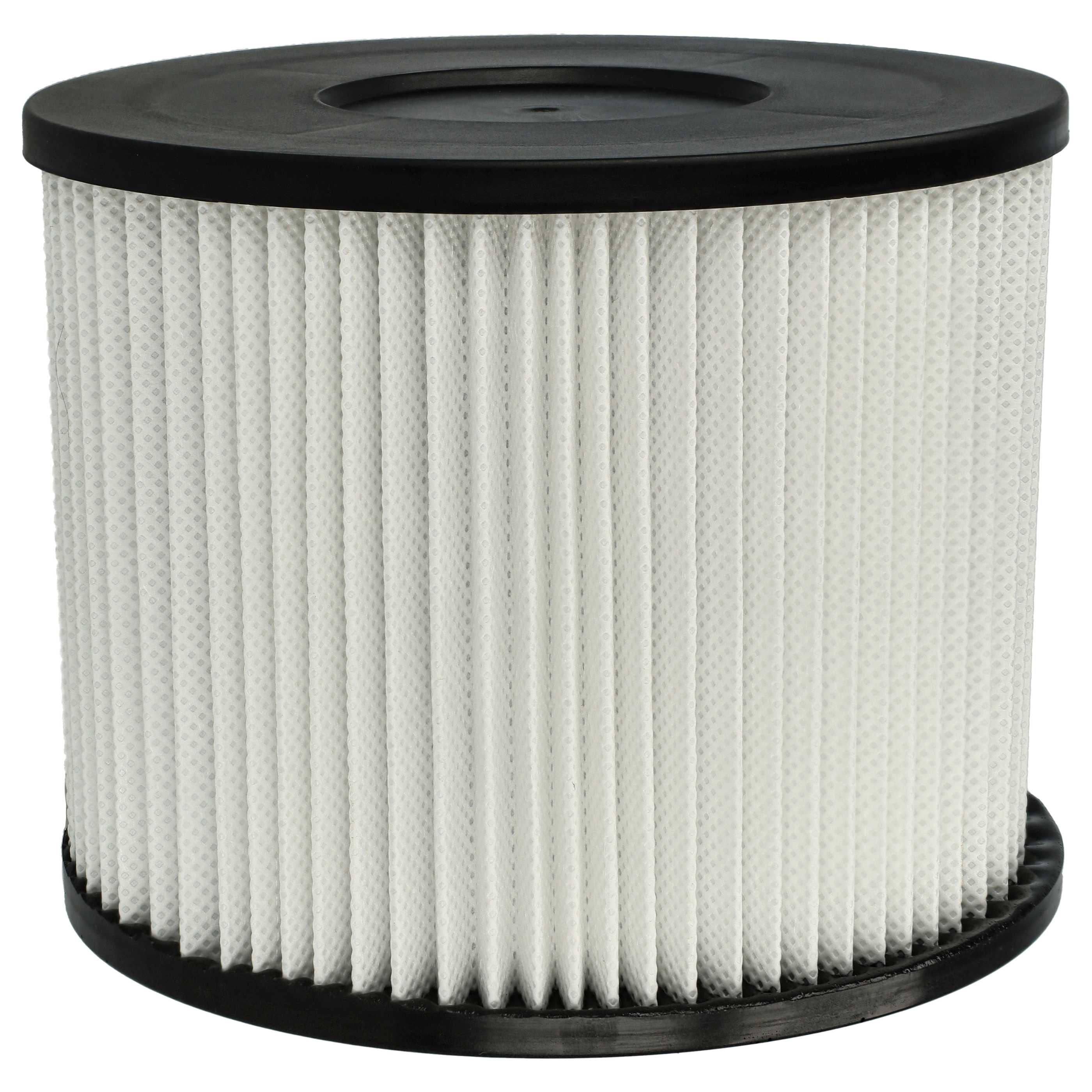 Ein zylindrischer Staubsaugerfilter mit einem weißen, plissierten Filter, der von schwarzen Kunststoffrändern umgeben ist.