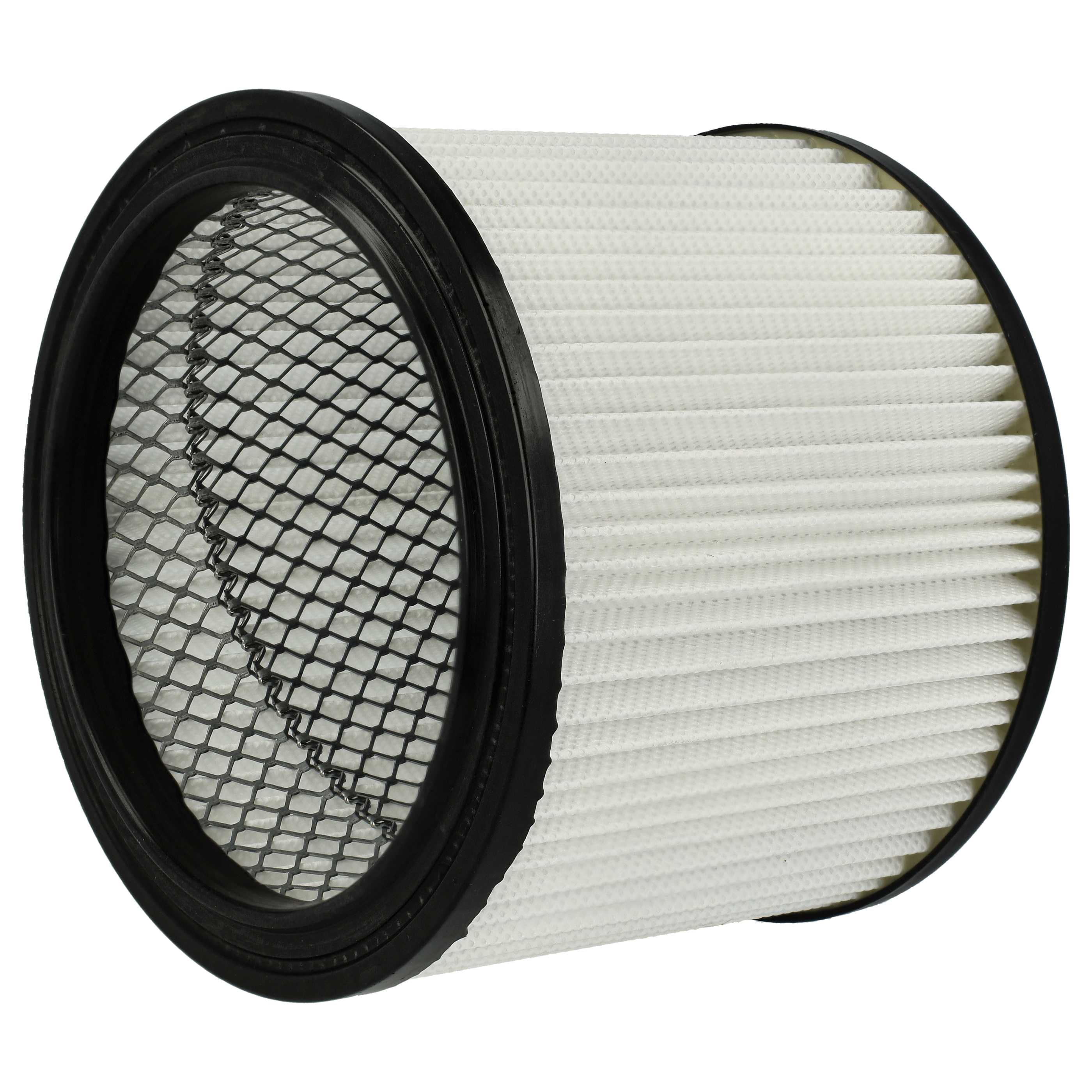 Ein Luftfilter mit weißem, plissiertem Filter in einem schwarzen Rahmen und einem schwarzen Netz an einem Ende.