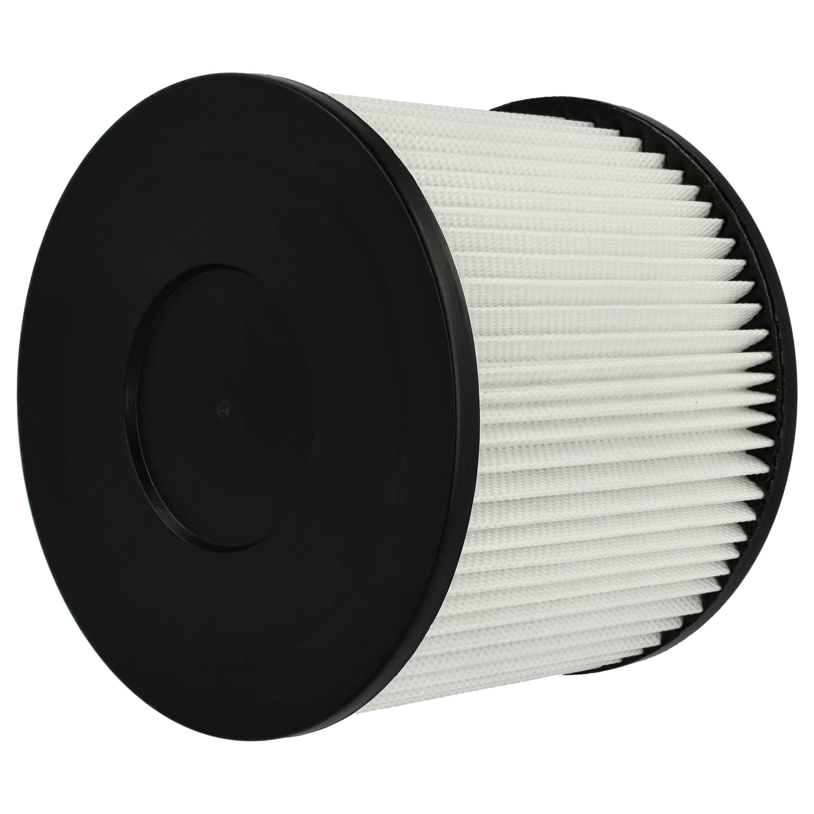 Ein zylindrischer Luftfilter mit schwarzen Kappen an jedem Ende und weißem, plissiertem Filter.