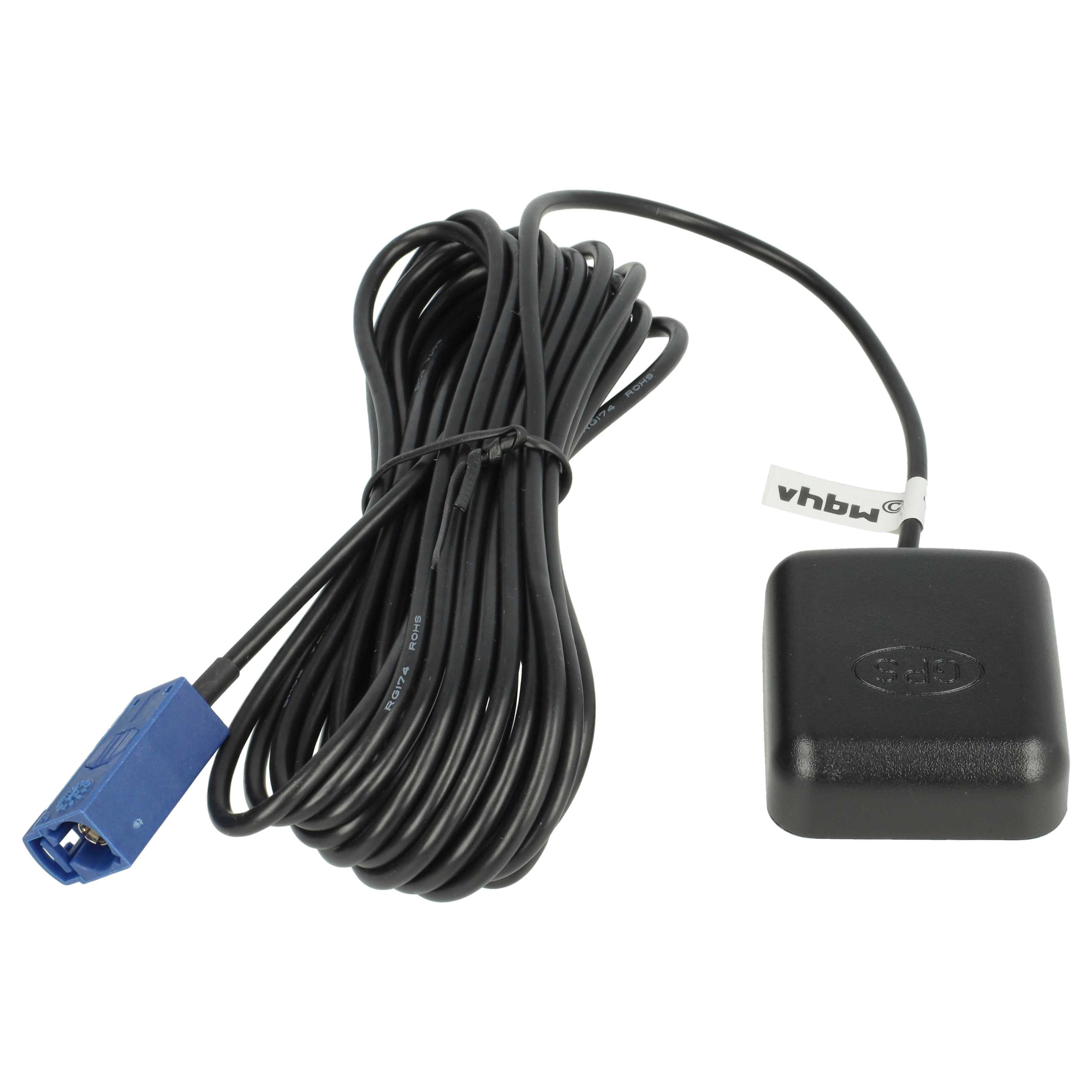 Schwarzes Kabel mit blauem Stecker und schwarzem quadratischem Gerät mit der Aufschrift 'vhbw'.