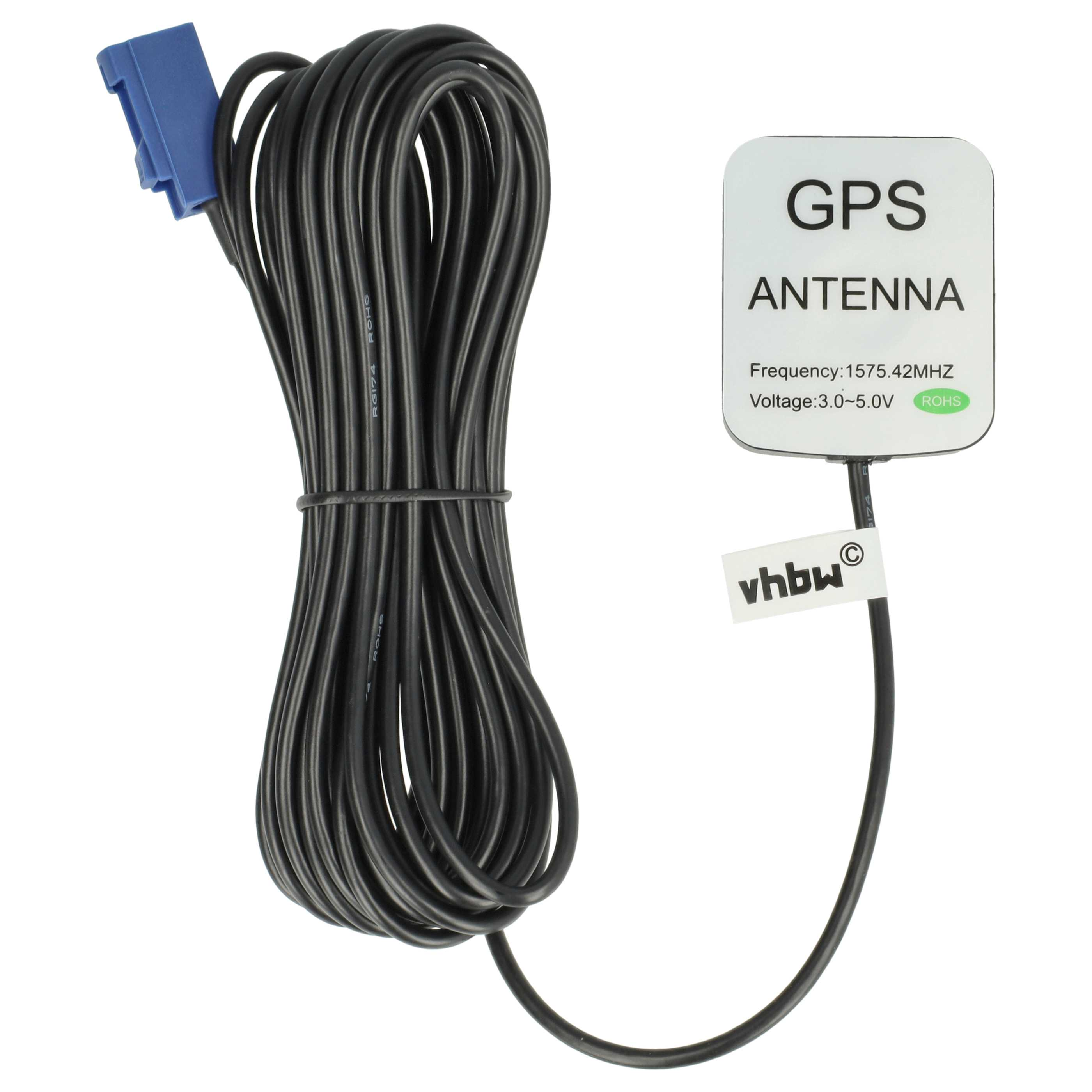 Eine GPS-Antenne mit blauem Stecker und schwarzem Kabel. Die Antenne hat Text: GPS, Antenne, Frequenz, Spannung und RoHS.