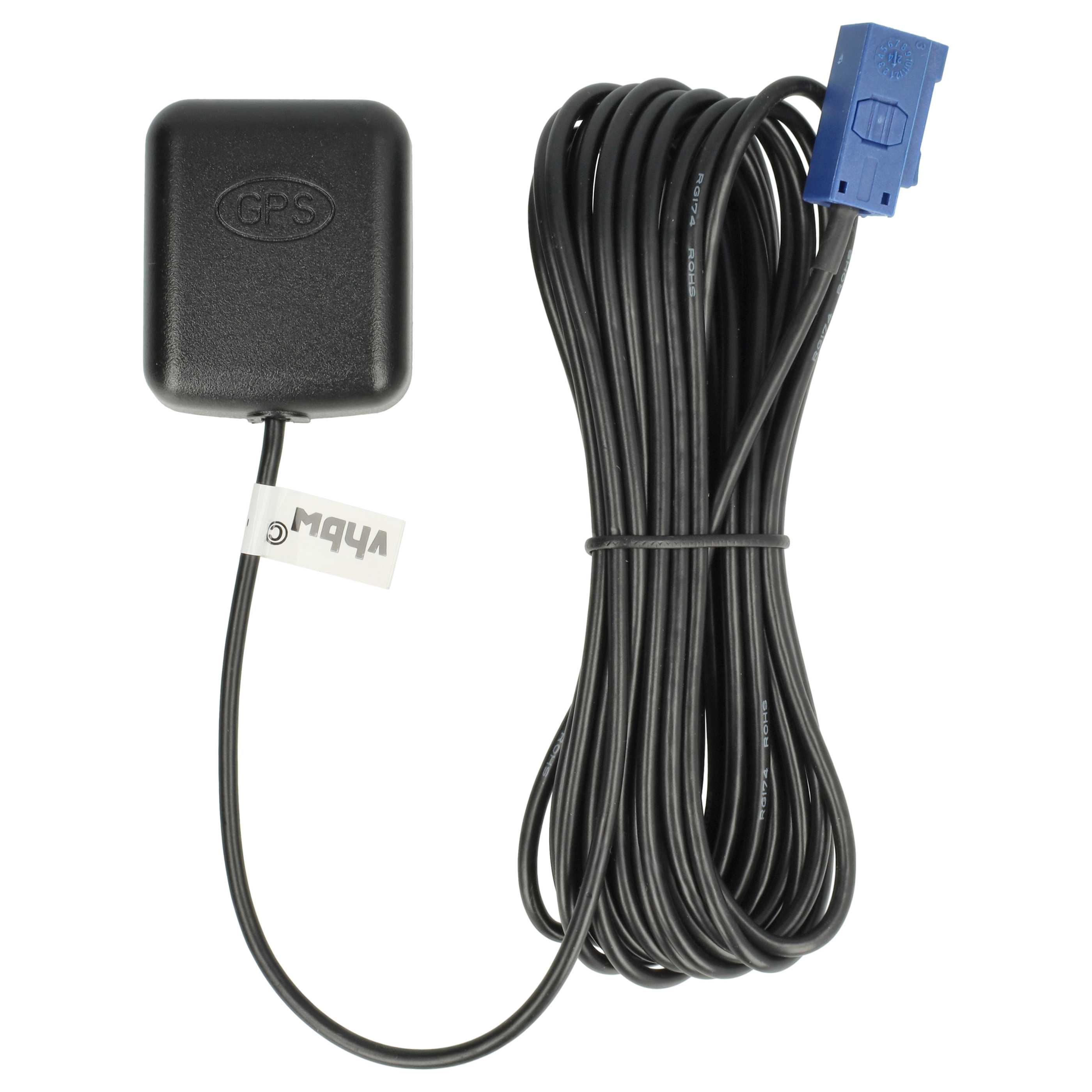 Schwarzer GPS-Empfänger, Kabel und blauer Stecker auf weißem Hintergrund. Das Kabel ist aufgerollt.
