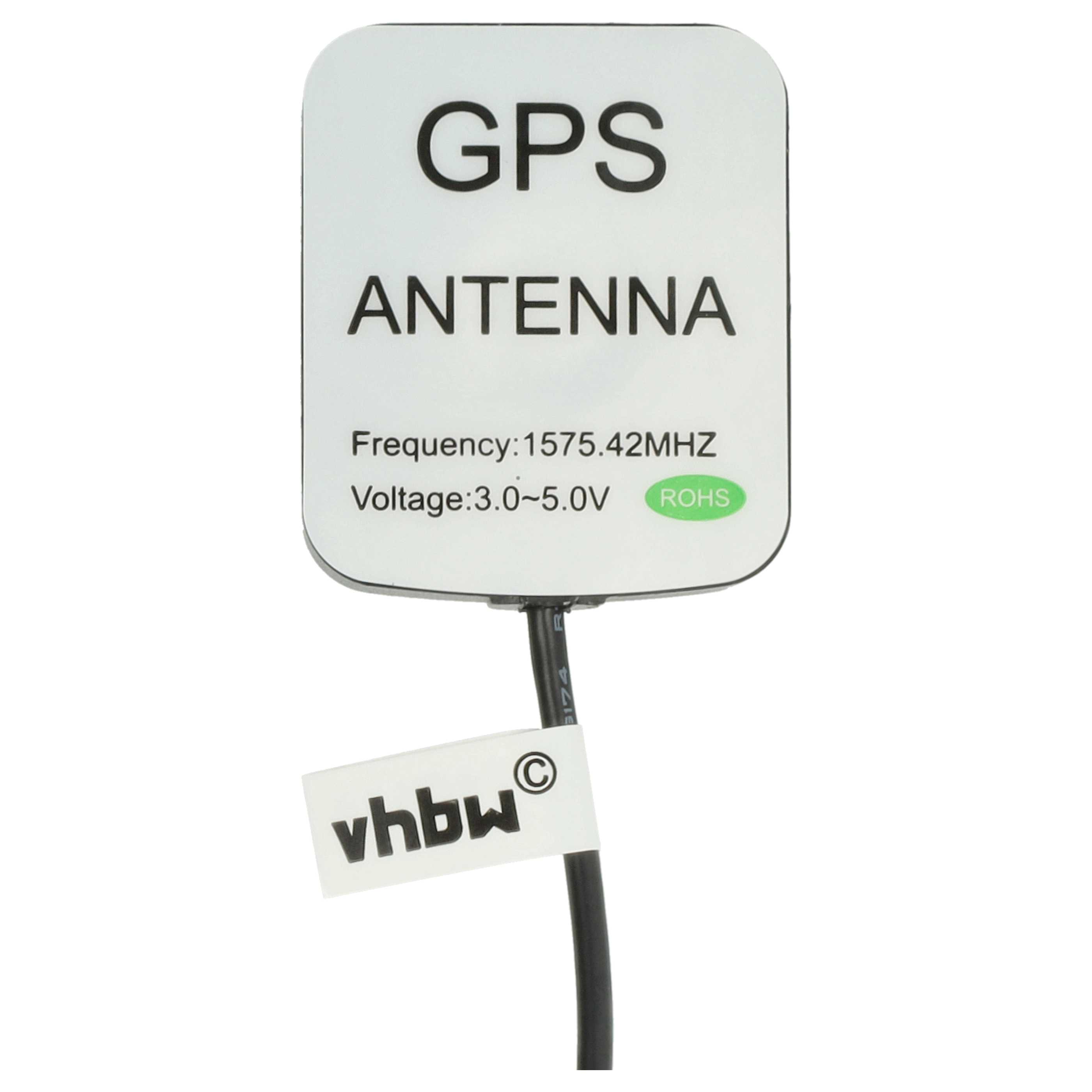 Eine GPS-Antenne mit weißem Gehäuse und schwarzem Text. Sie hat Frequenz- und Spannungsspezifikationen mit einem RoHS-Zeichen. Ein Etikett sagt vhbw©.
