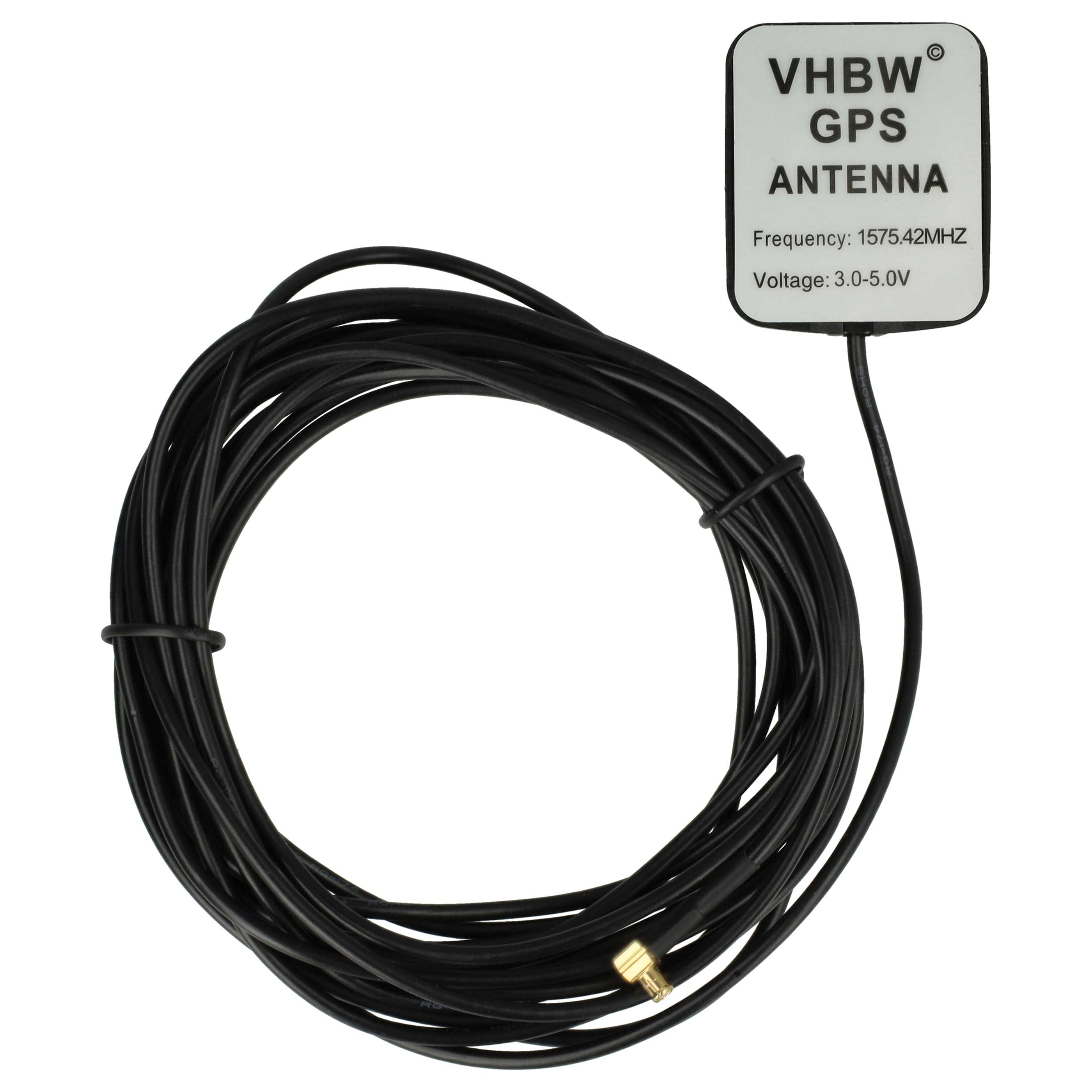 Eine GPS-Antenne mit schwarzem Kabel. Sie hat einen weißen Block mit Text und ein schwarzes Kabel, das in einem Kreis gewickelt ist.