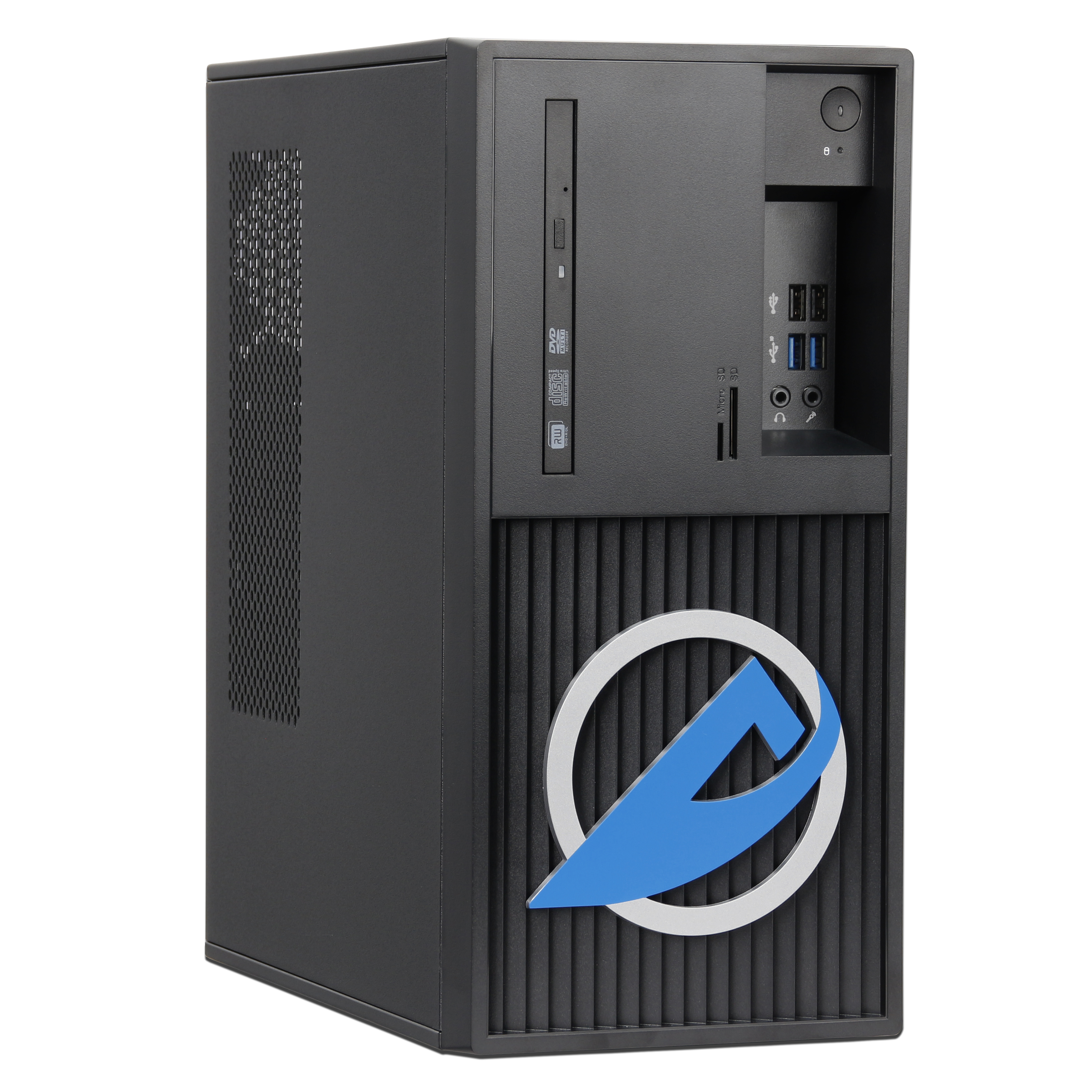 Ein schwarzer Computerturm mit einem silbernen und blauen Logo auf der Vorderseite. Er hat ein CD-Laufwerk und verschiedene Anschlüsse.