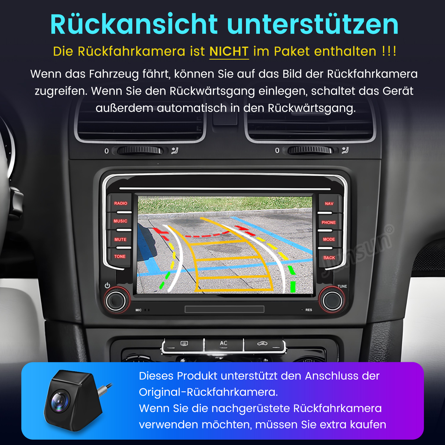 Autotafel mit Rückfahrkamera-Anzeige, kleinem Kamerabild unten und Textanweisungen.