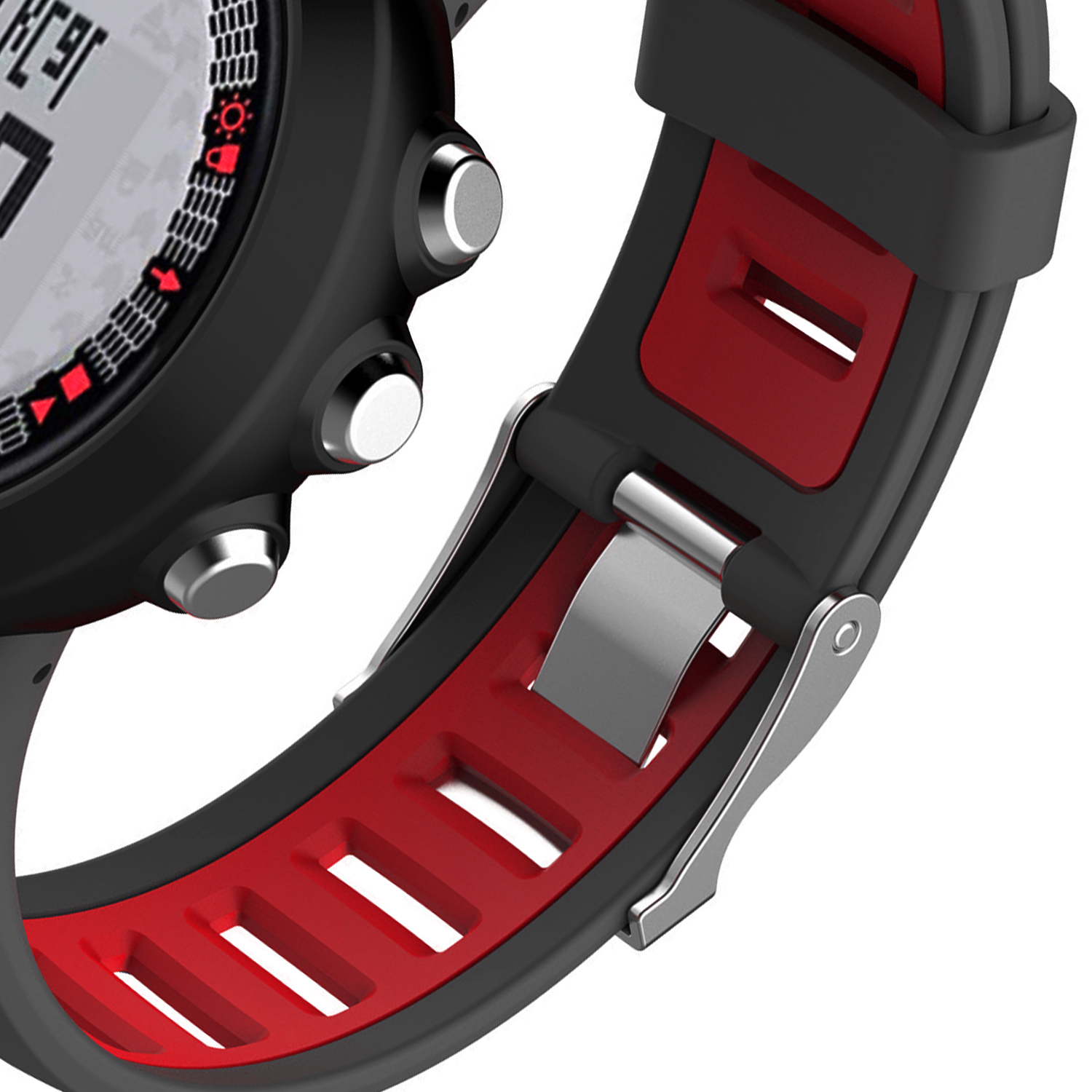Nahaufnahme einer schwarz-roten Smartwatch. Die Uhr zeigt Details auf dem Bildschirm. Das Armband ist rot mit schwarzen Rändern und einer silbernen Schließe.