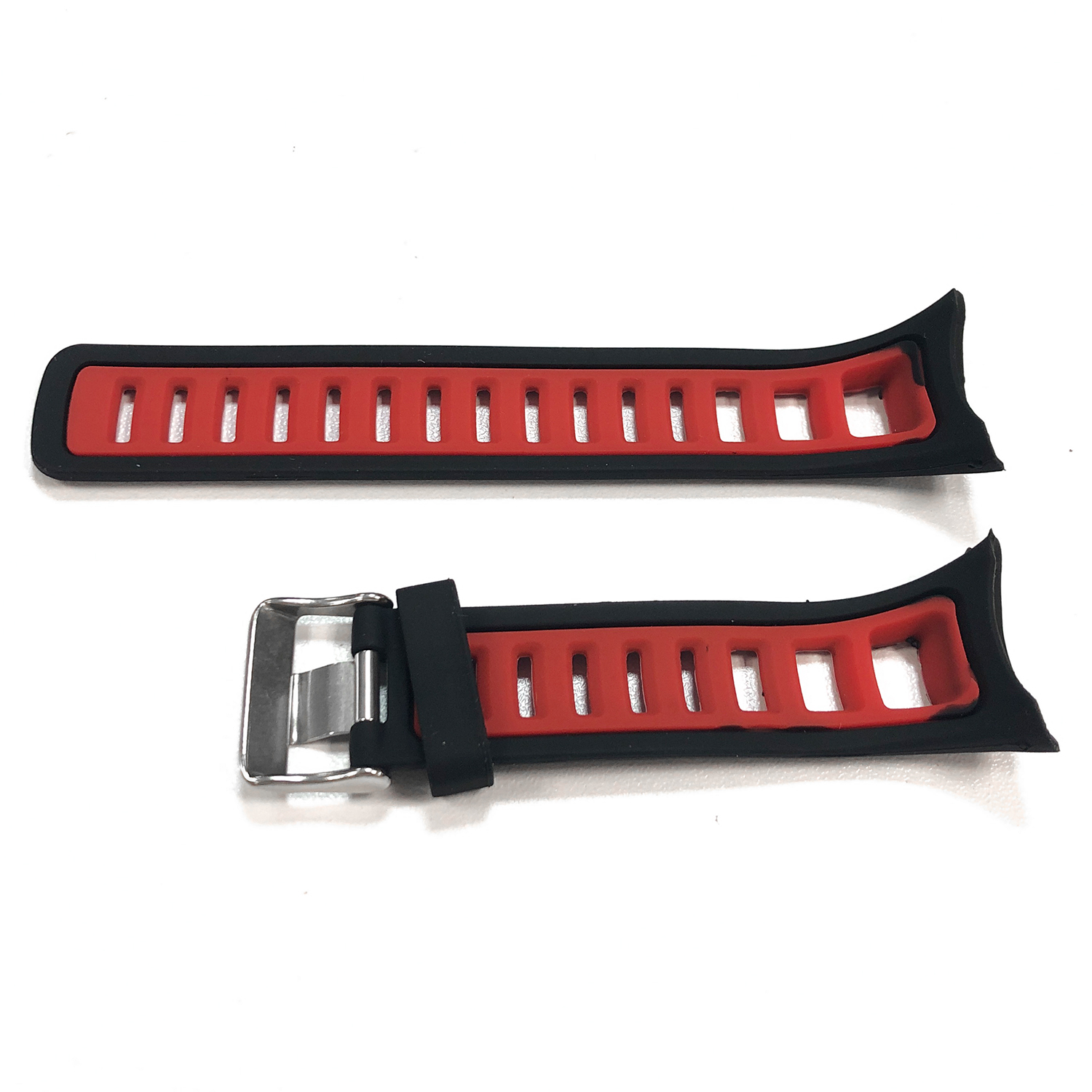 Zwei schwarze und rote Uhrenarmbänder auf weißem Hintergrund. Eines mit Schnalle.