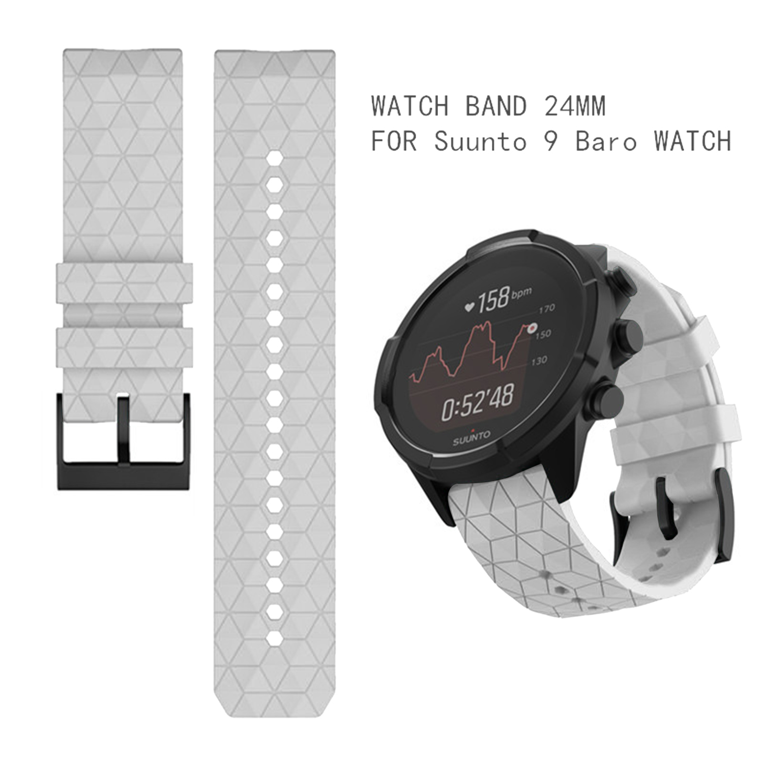 Ein weißes Uhrenarmband und eine schwarze Uhr werden angezeigt. Das Uhrenarmband hat ein geometrisches Muster. Die Uhr zeigt Zeit und Herzfrequenz.