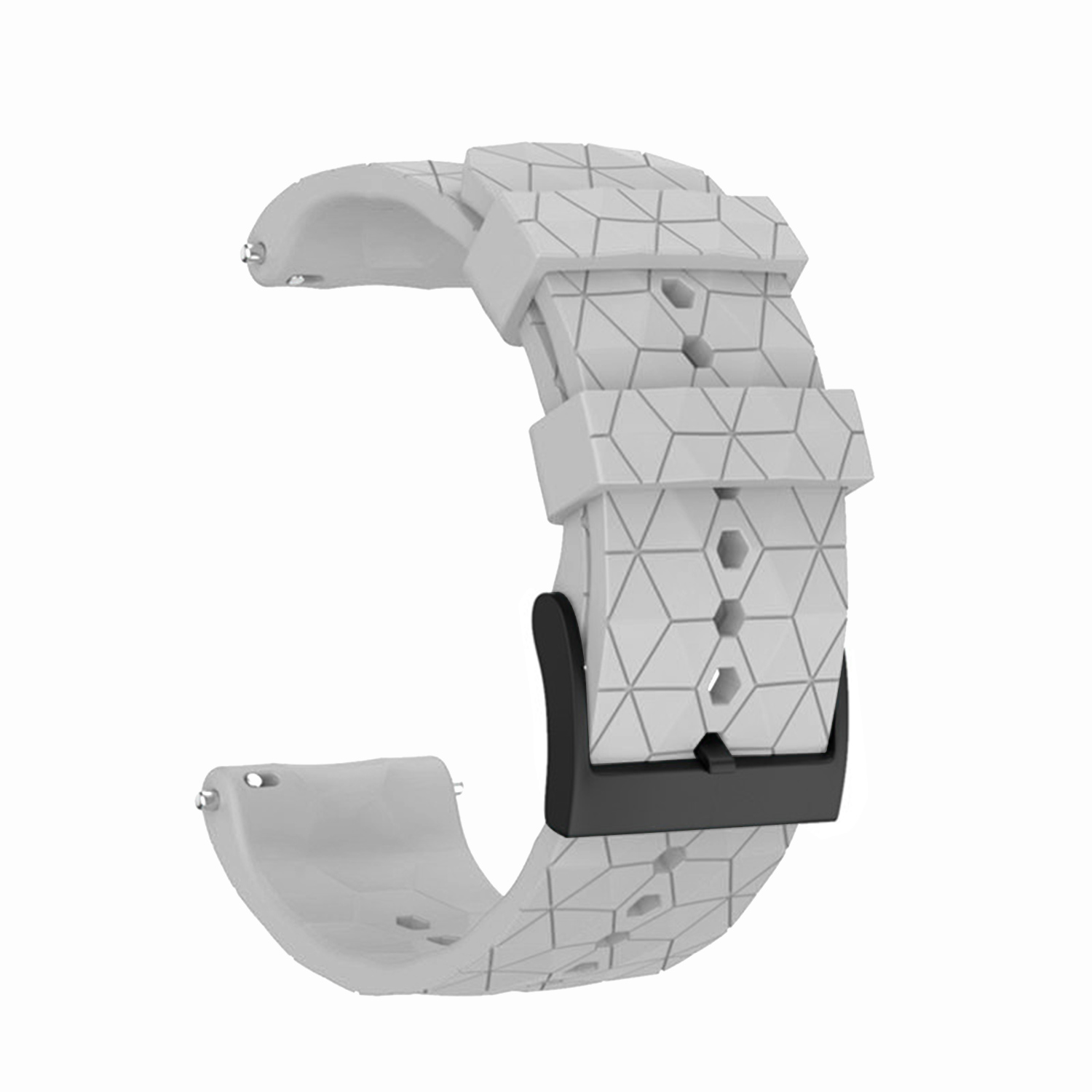 Ein hellgraues Uhrenarmband mit geometrischem Muster, schwarzer Schnalle und Metallstiften. Das Armband ist gebogen und scheint neu zu sein.