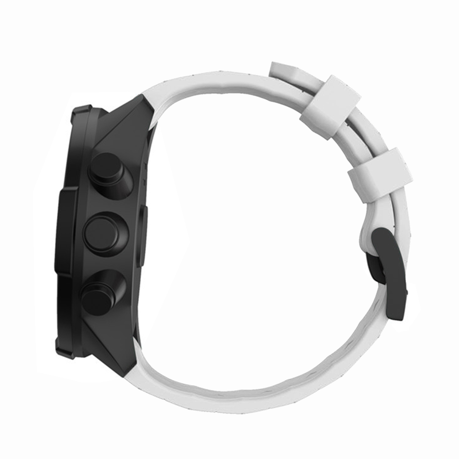 Eine schwarze Smartwatch mit weißem Armband wird gezeigt. Das Zifferblatt hat drei Knöpfe. Das Armband hat eine Schnalle.