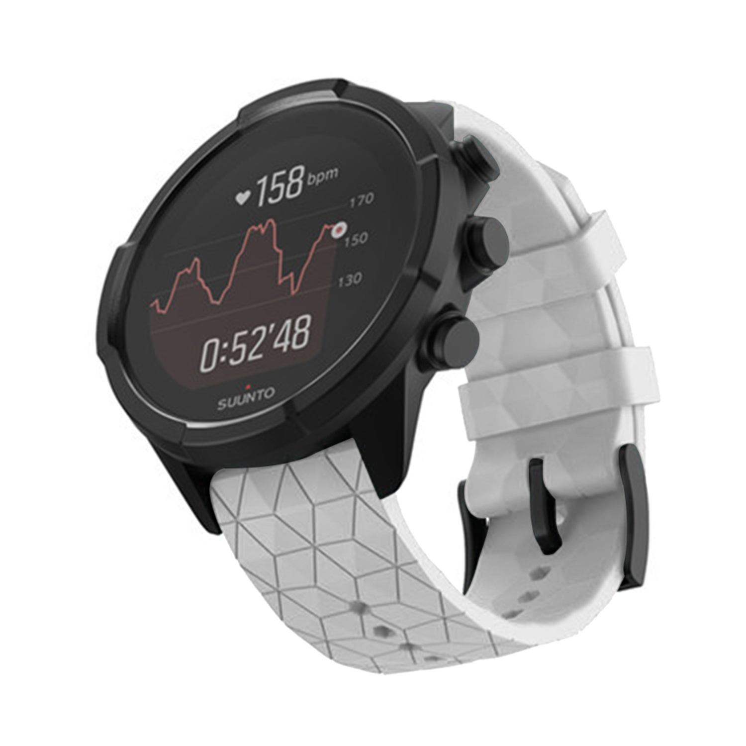 Eine Suunto-Smartwatch mit schwarzem Zifferblatt und weißem Armband wird angezeigt. Die Uhr zeigt eine Herzfrequenz von 158 bpm und einen Timer von 0:52'48.