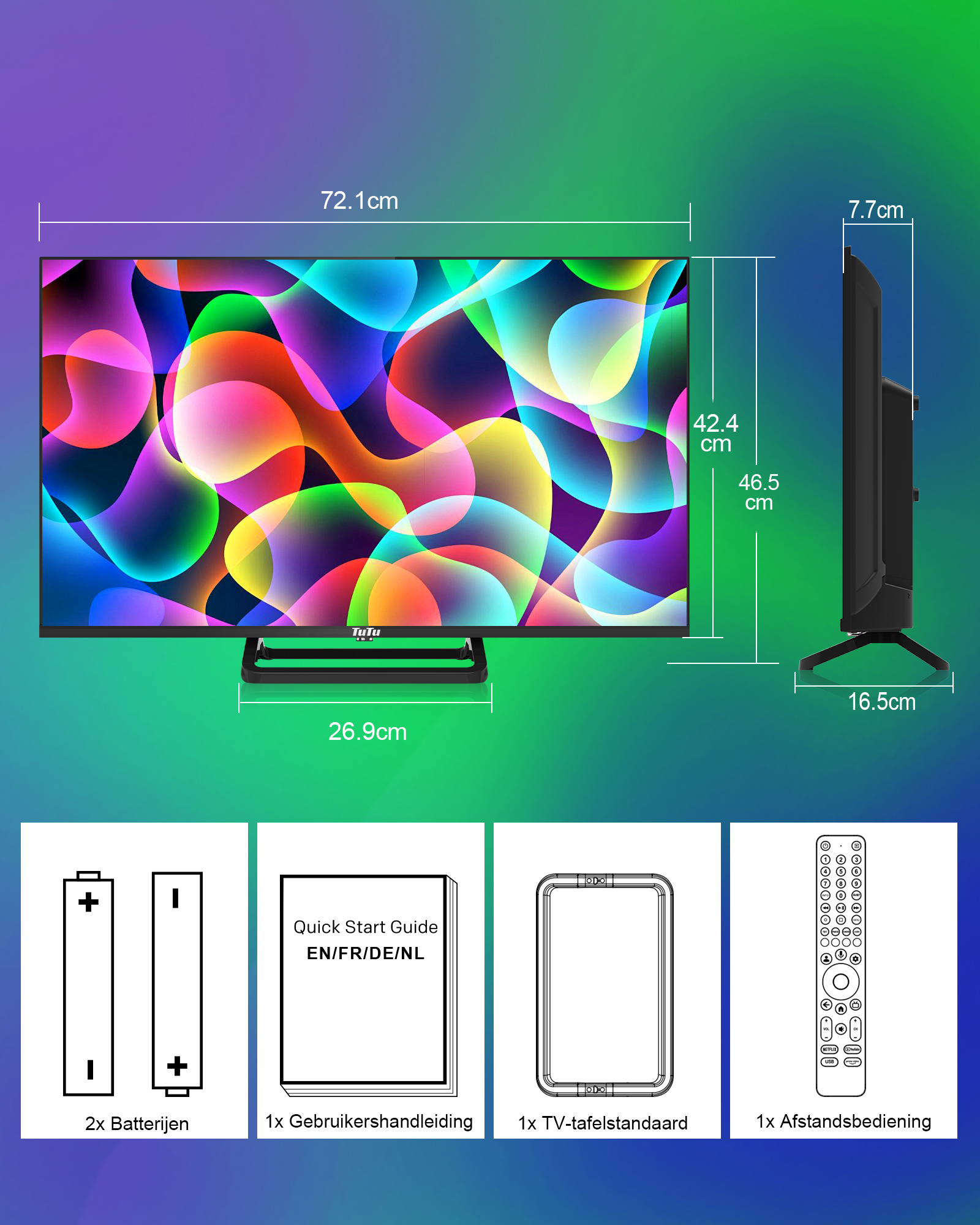 Ein Fernseher mit farbenfrohem Display, Abmessungen und Zubehör wie Batterien, Anleitung, Ständer und Fernbedienung.
