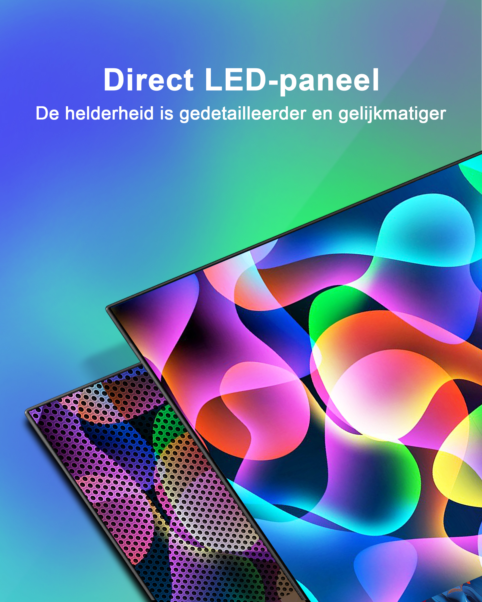 Zwei LED-Panels zeigen farbenfrohe abstrakte Kunst auf einem blau-grünen Hintergrund. Text: 'Direct LED-paneel'.