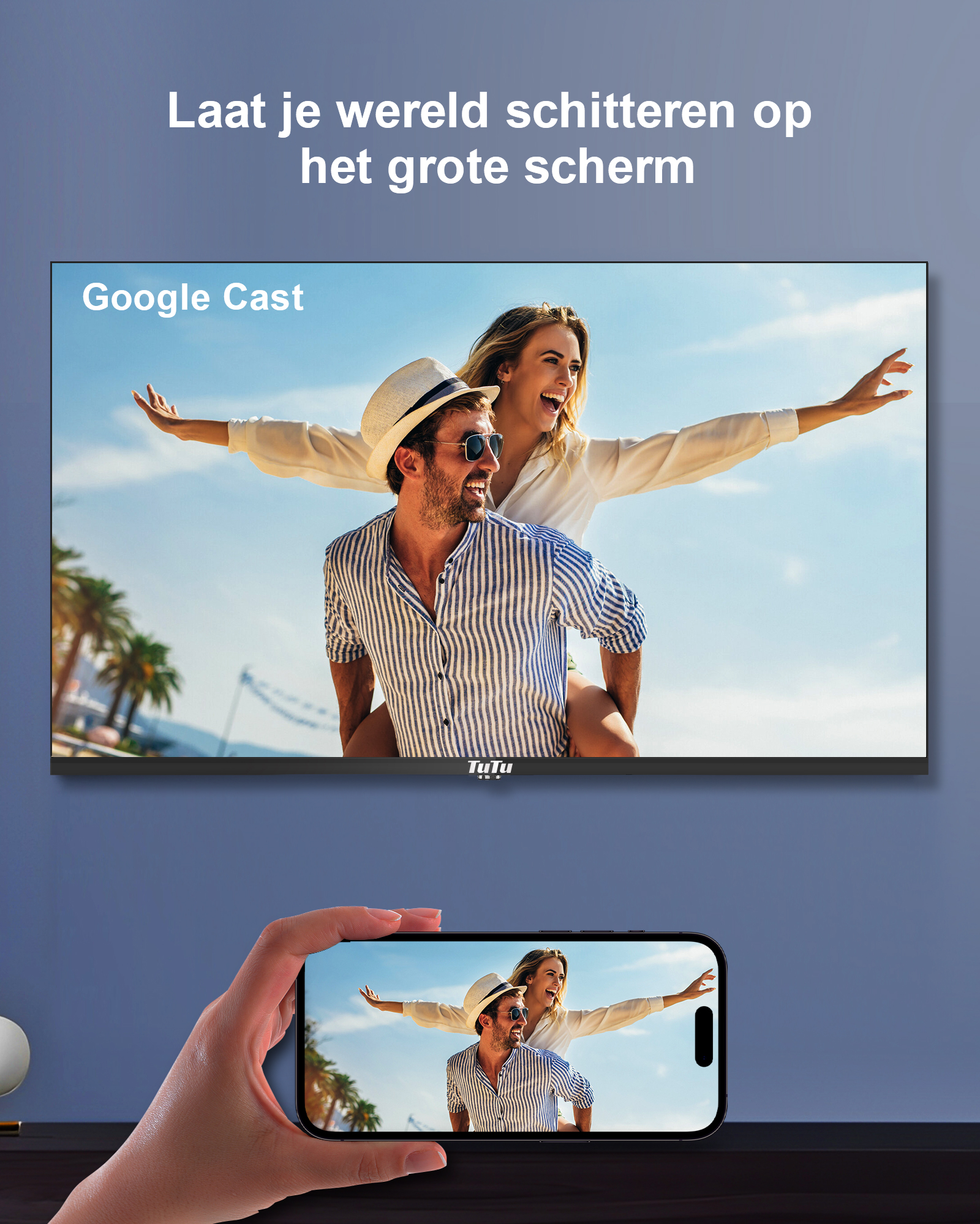 Ein Paar auf einem Fernsehbildschirm, ein Telefon zeigt dasselbe Bild. Der Hintergrund ist blauer Himmel und Palmen.
