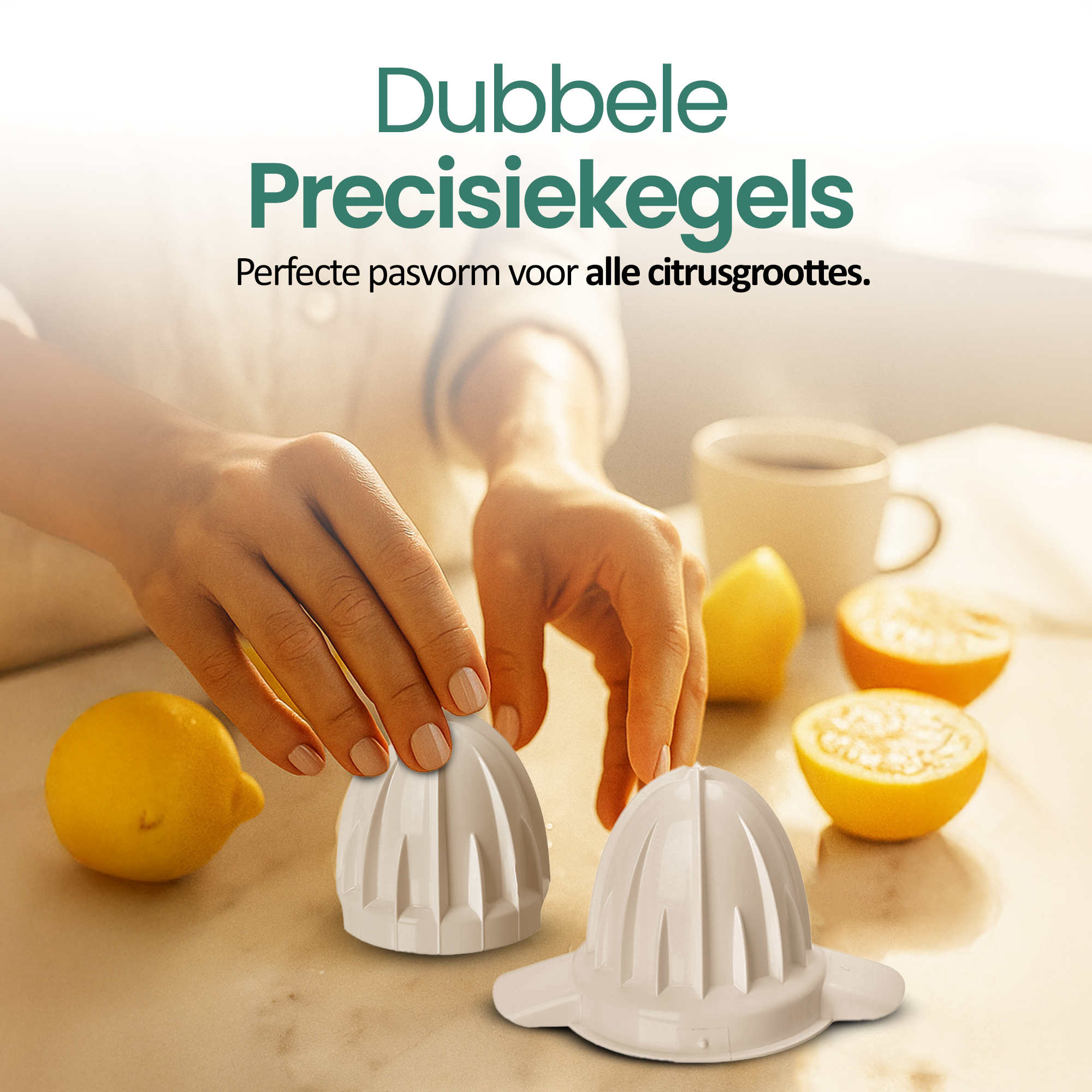 Manos con exprimidor de cítricos, limones y mitades de naranja en una superficie. Texto: Conos de precisión dobles, ajuste perfecto.