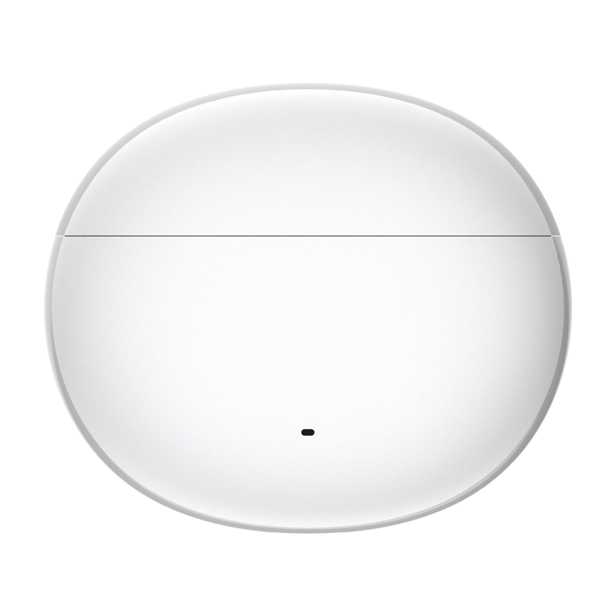 Biały, okrągły obiekt z poziomą linią pośrodku. Mała czarna kropka na dole pośrodku.